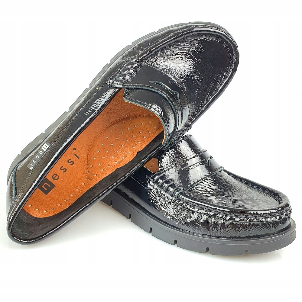 Nessi 76506 765 mokasyny czarne skóra lakier 37 Wzór dominujący bez wzoru