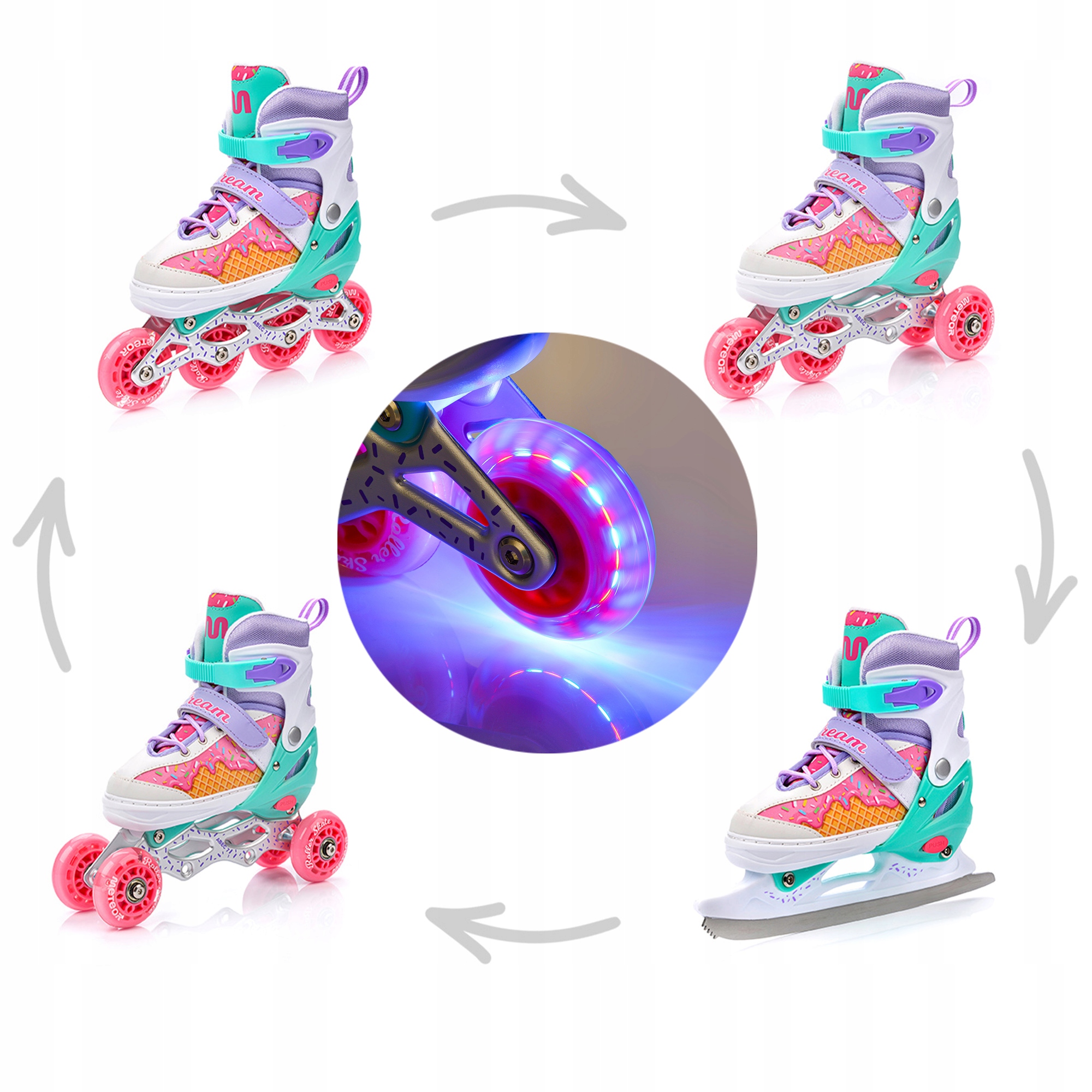Kolečkové Brusle nastavitelné 4v1 Led kombinované brusle: na led, inline, kolečkové Meteor velikost L 38-41