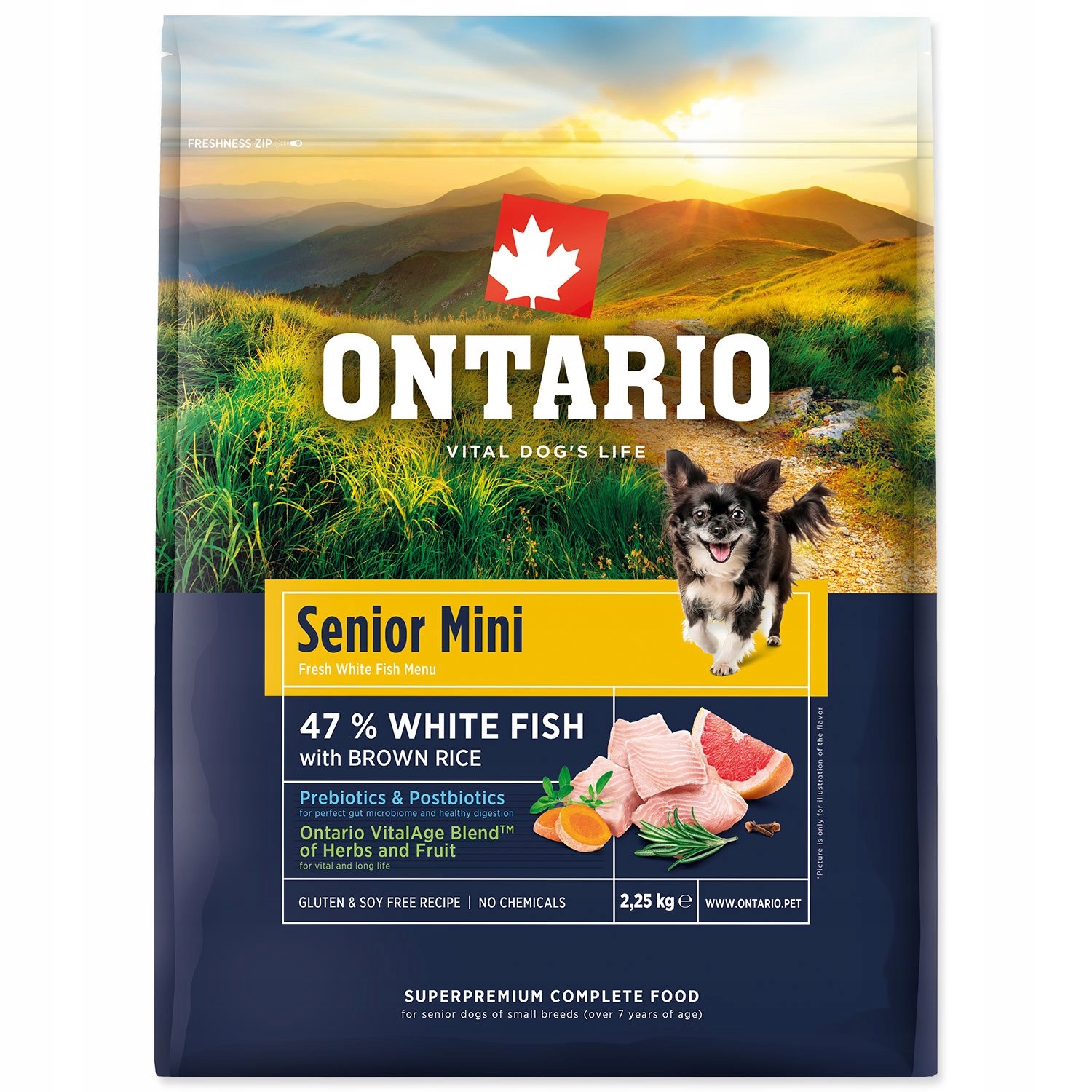 Levně Krmivo Ontario Senior Mini Fish & Brown Rice 2,25kg