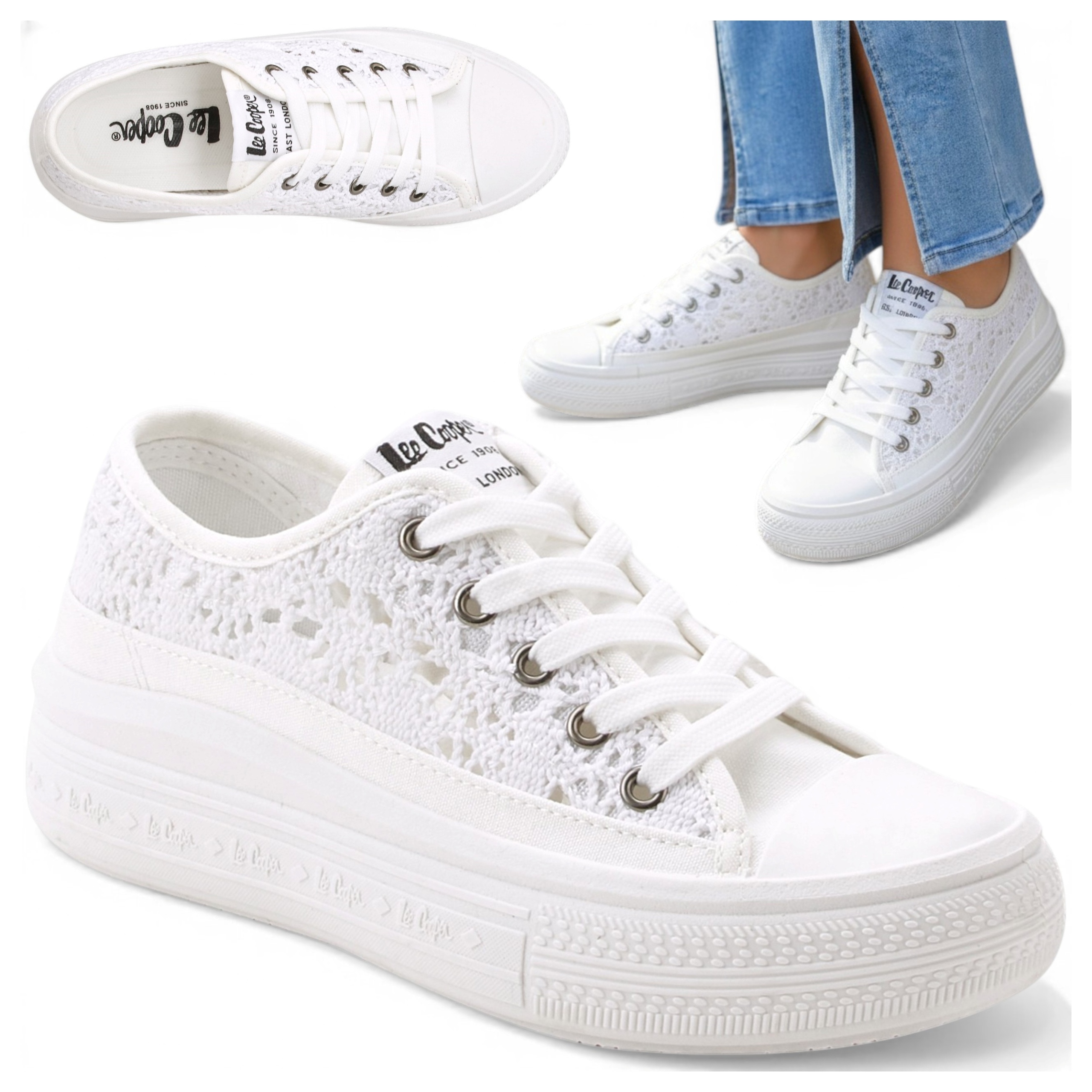 Białe Trampki Damskie Koronkowe 38 Lee Cooper Sportowe Tenisówki Platforma
