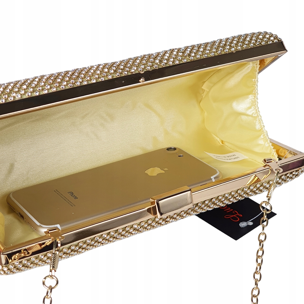 KOPERTÓWKA TOREBKA DAMSKA WIECZOROWA NA WESELE ŁAŃCUSZEK CYRKONIE ZŁOTO Wielkość mała (nie mieszcząca A4)