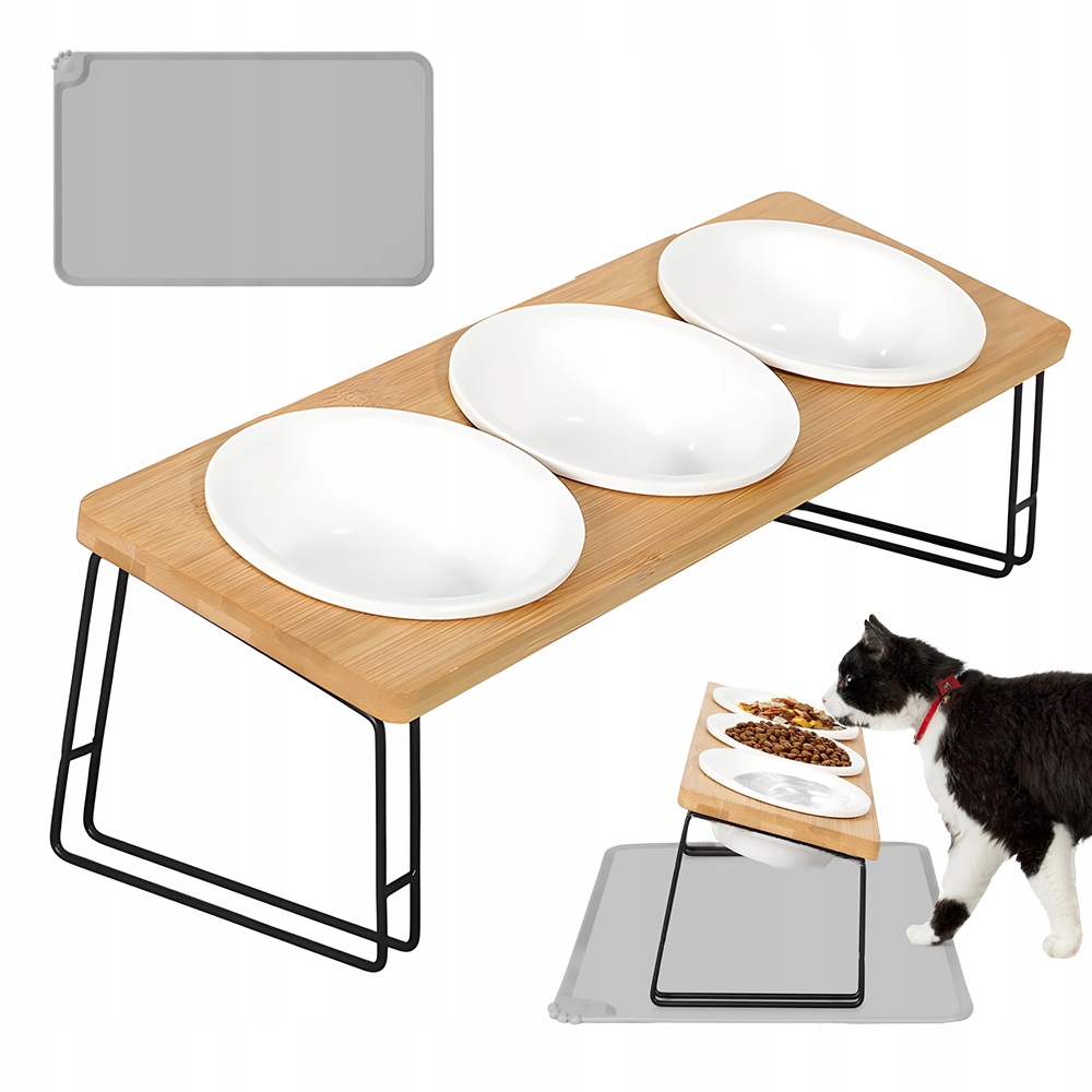 Levně Miska Pro Psa Kočku Tři Keramické Nakloněné Misky Bambusový Stojan Podložka