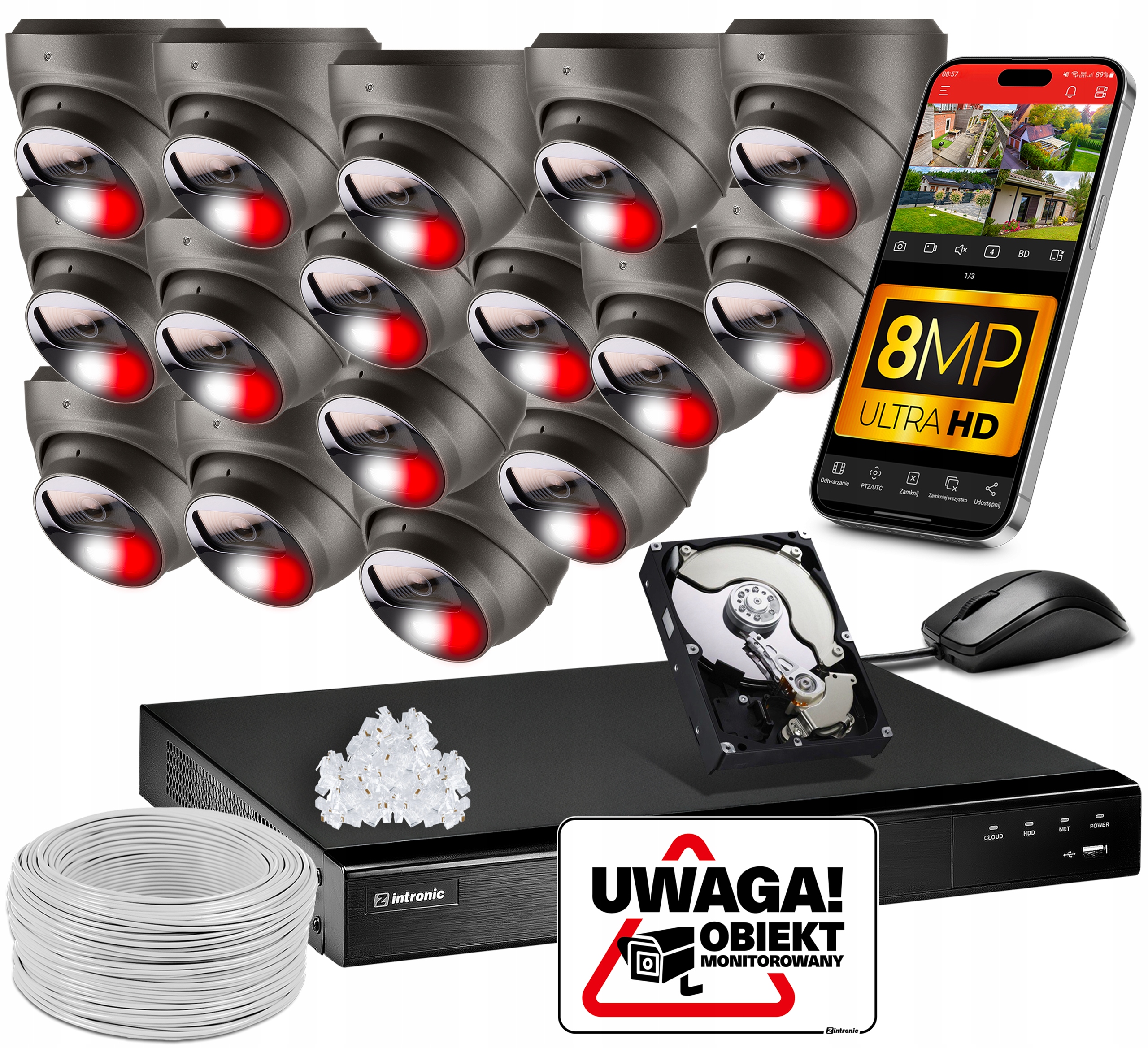 Sada Monitorování 16 kamer Poe 4K Ultra Hd 8Mpx Šedé kopule Detekce 8TB