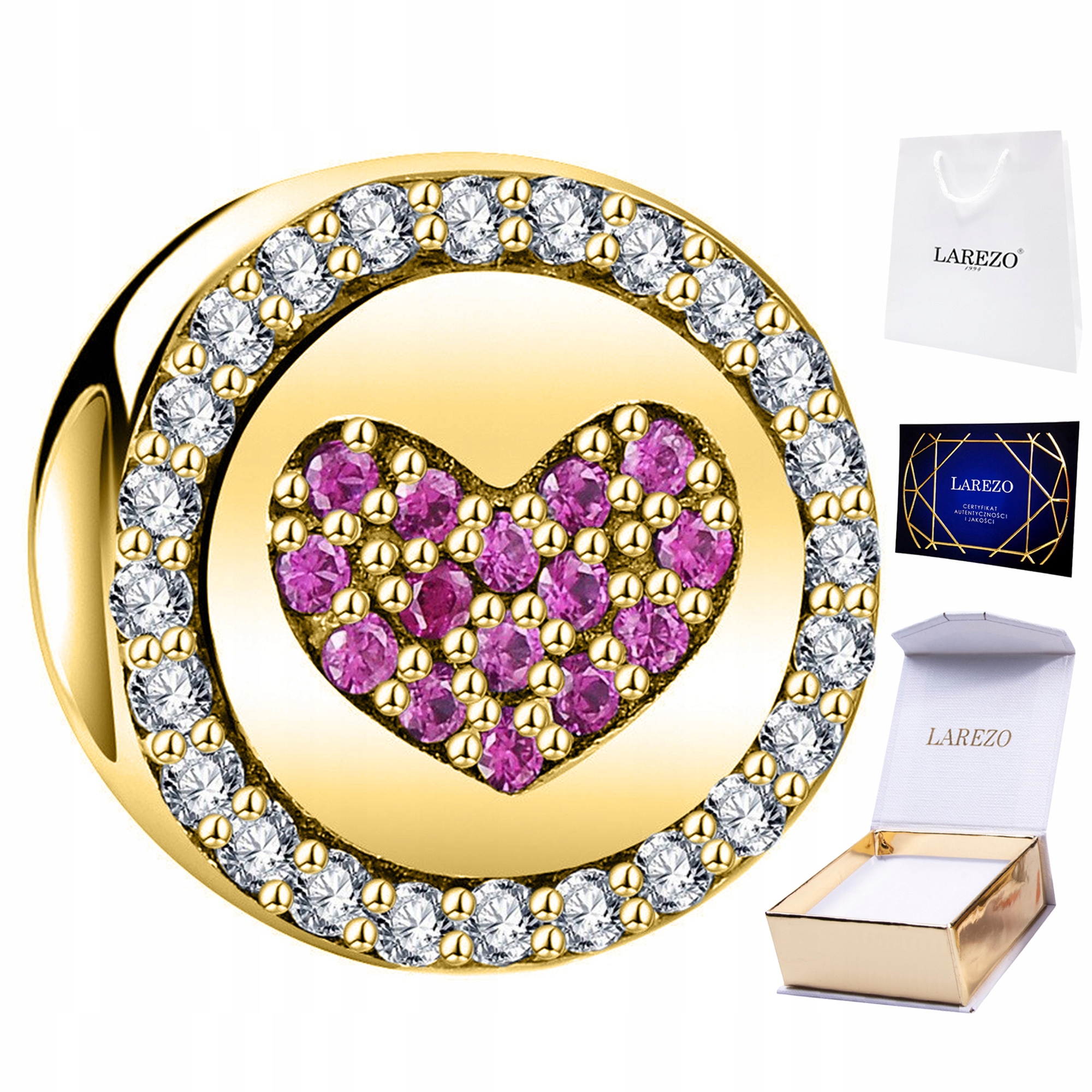 Charms Zlatý Korálek s zirkony Růžové Zirkony Love Srdíčko Stříbro 925