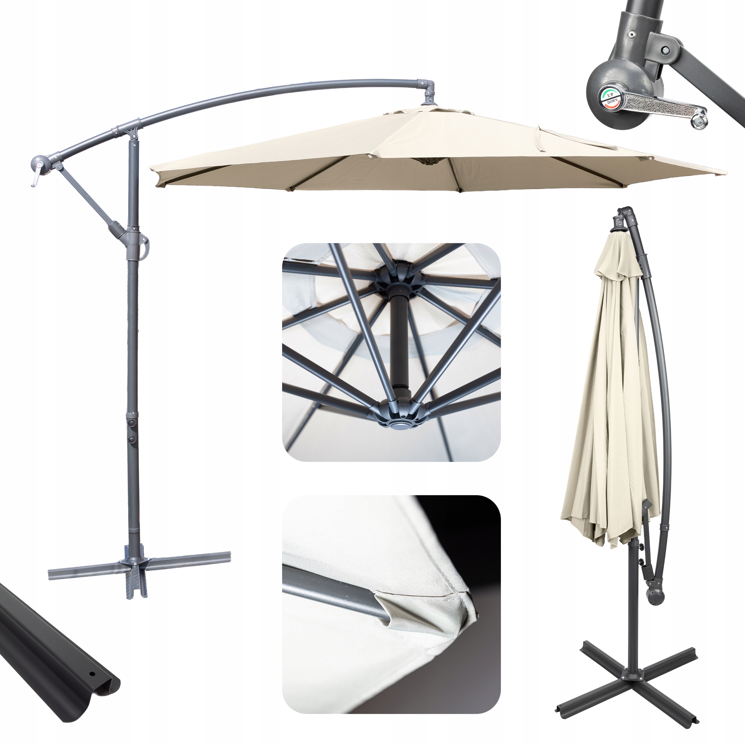 Parasol Ogrodowy Duży Składany Beżowy Tarasowy 300 CM Wysięgnik 8 Ramion