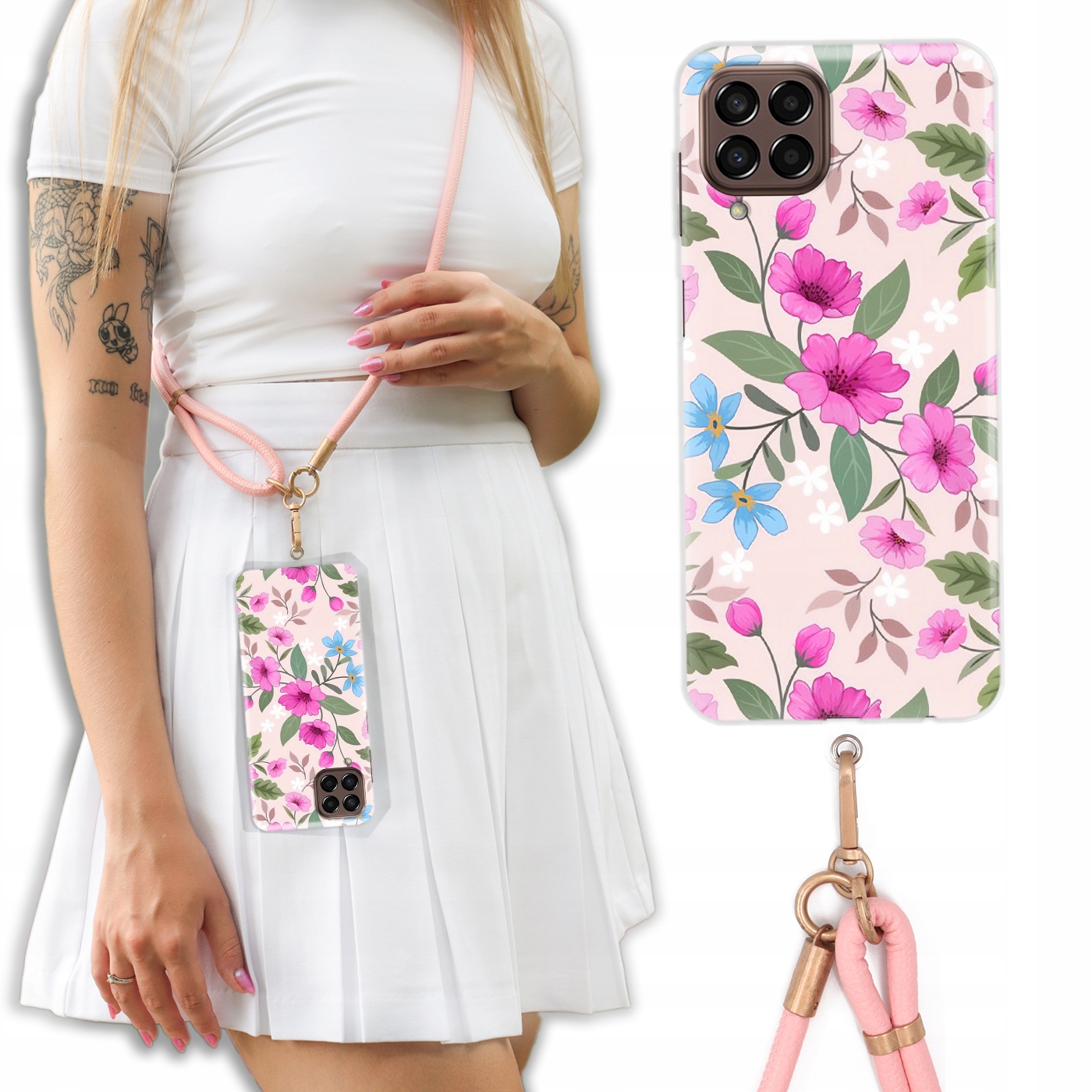 Pouzdro Pro Samsung M33 5G Case Crossbody Květinové Jaro Kožené Vodítko Růžová Vz