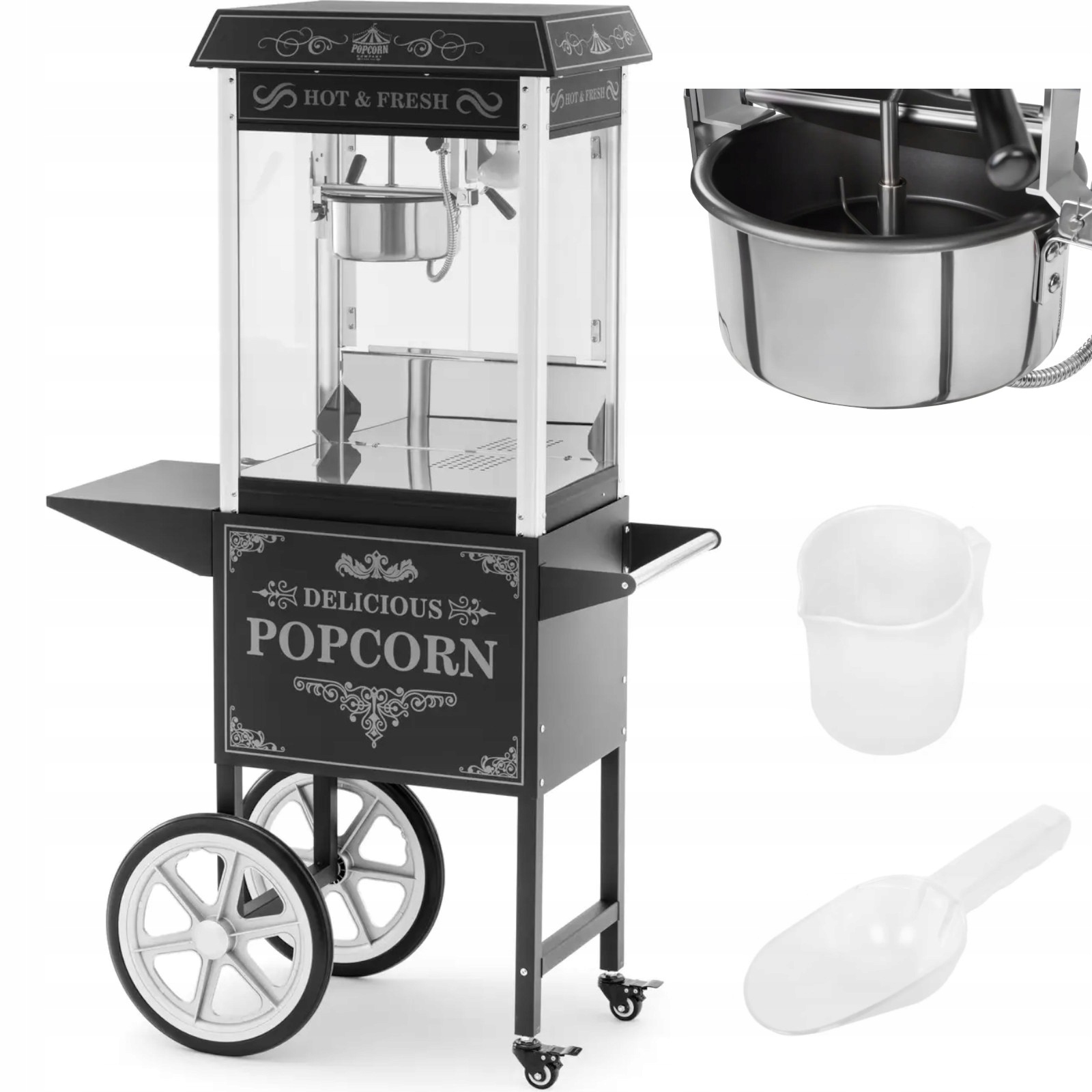 Popcornovací Stroj Na Vozíku 1600W Retro 88L Nerezová Ocel Podsvícený