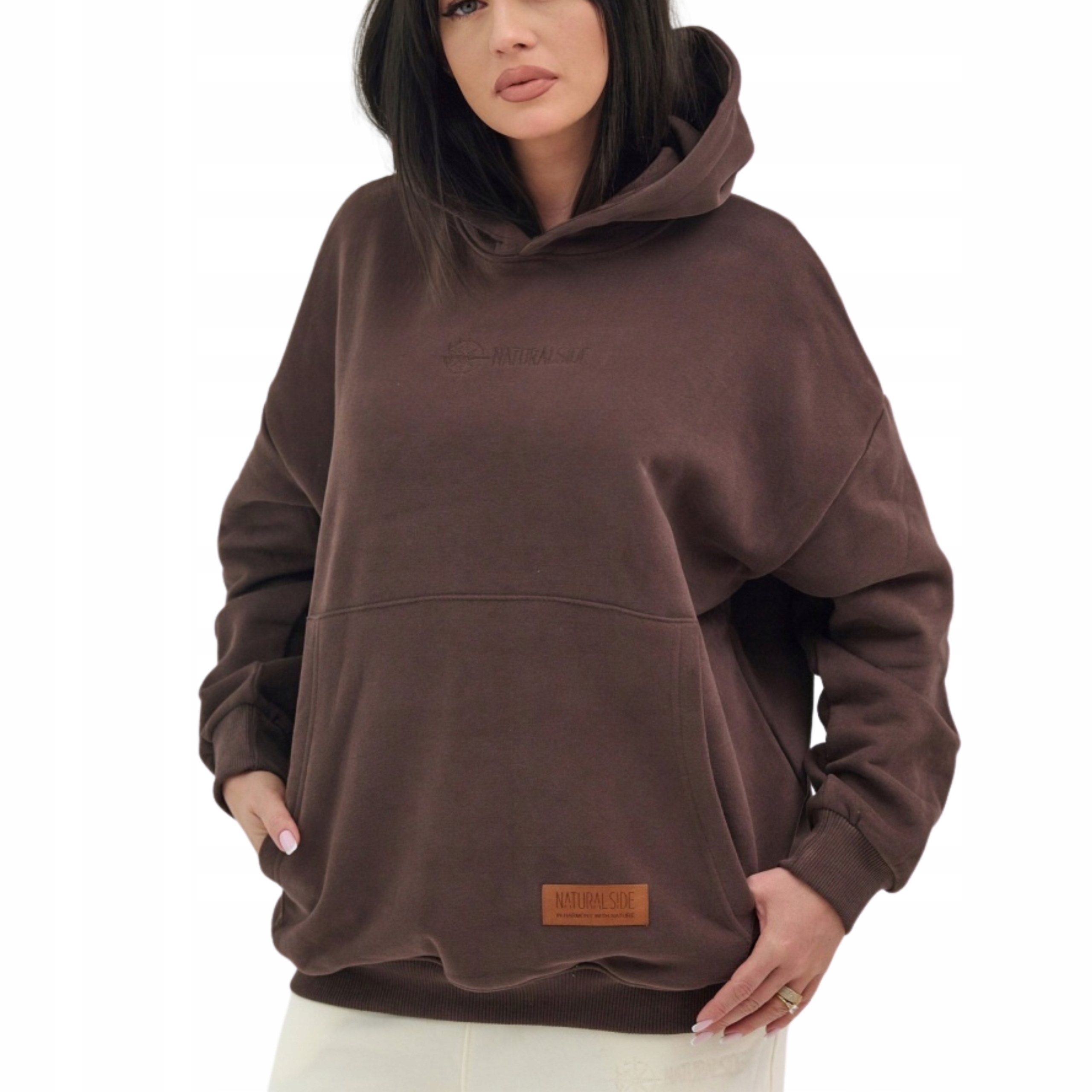 Mikina tepláková klokanka oversize s kapucí Premium hnědá Velikosti