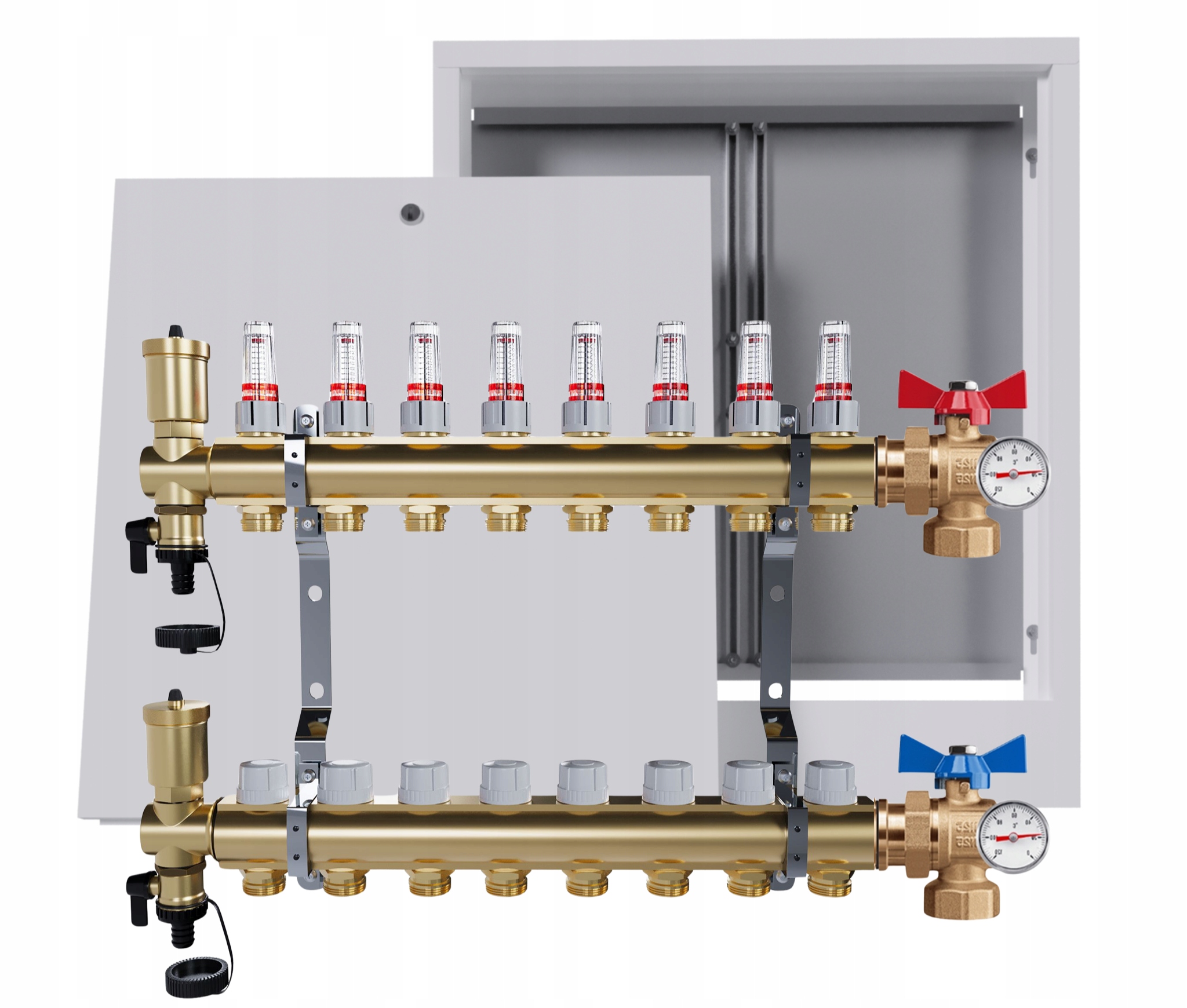 Rozdělovač Pro Podlahovou Krytinu 8 Okruhů Ventil Teploměr Nástěnná Skříňka