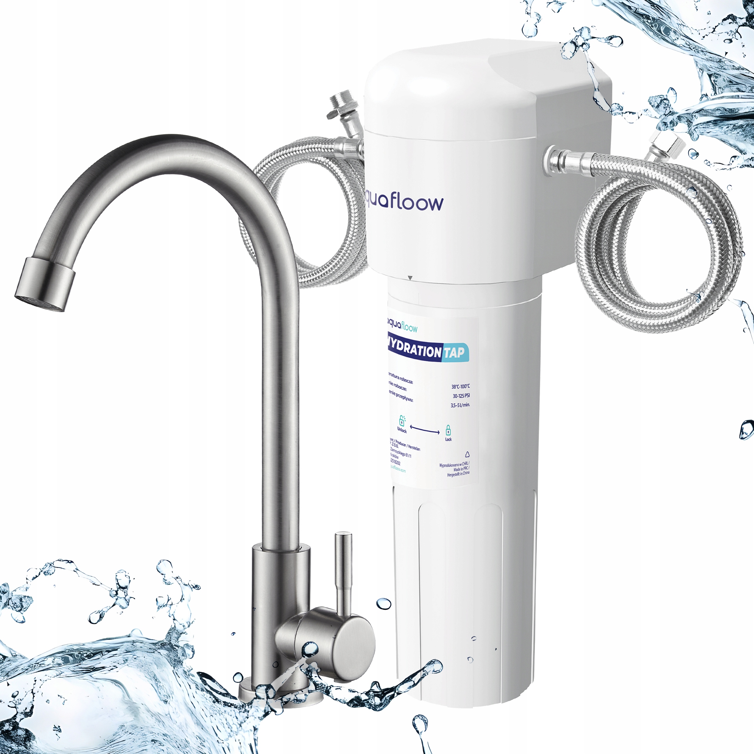 Filtračný systém vodný filter AquaFloow batéria kuchynský kohútik strieborný