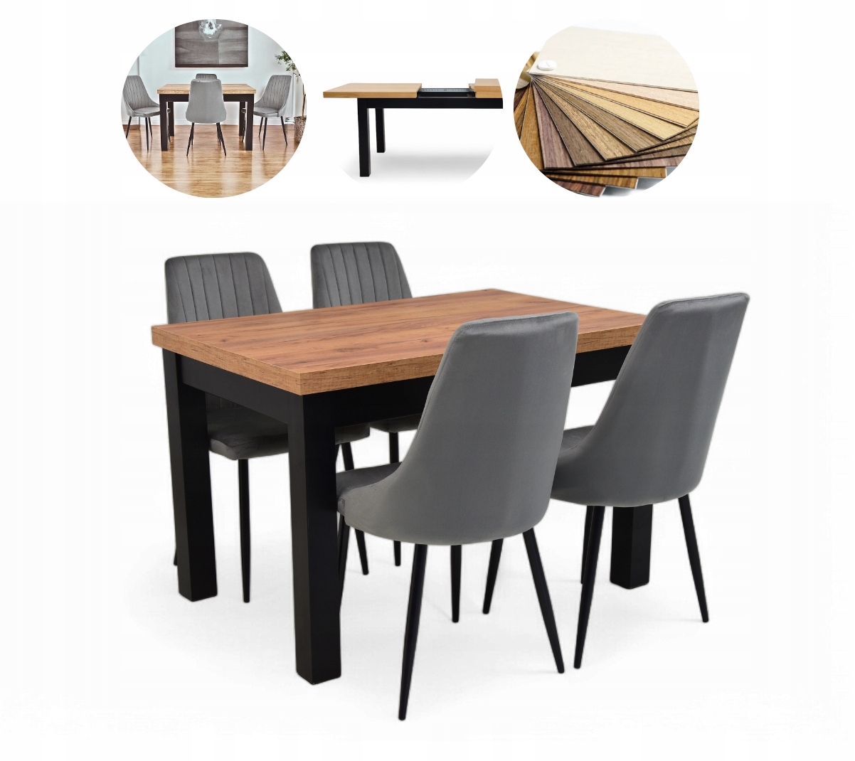 Stół rozkładany loft masywny 80x140/180 4 krzesła tapicerowane do jadalni