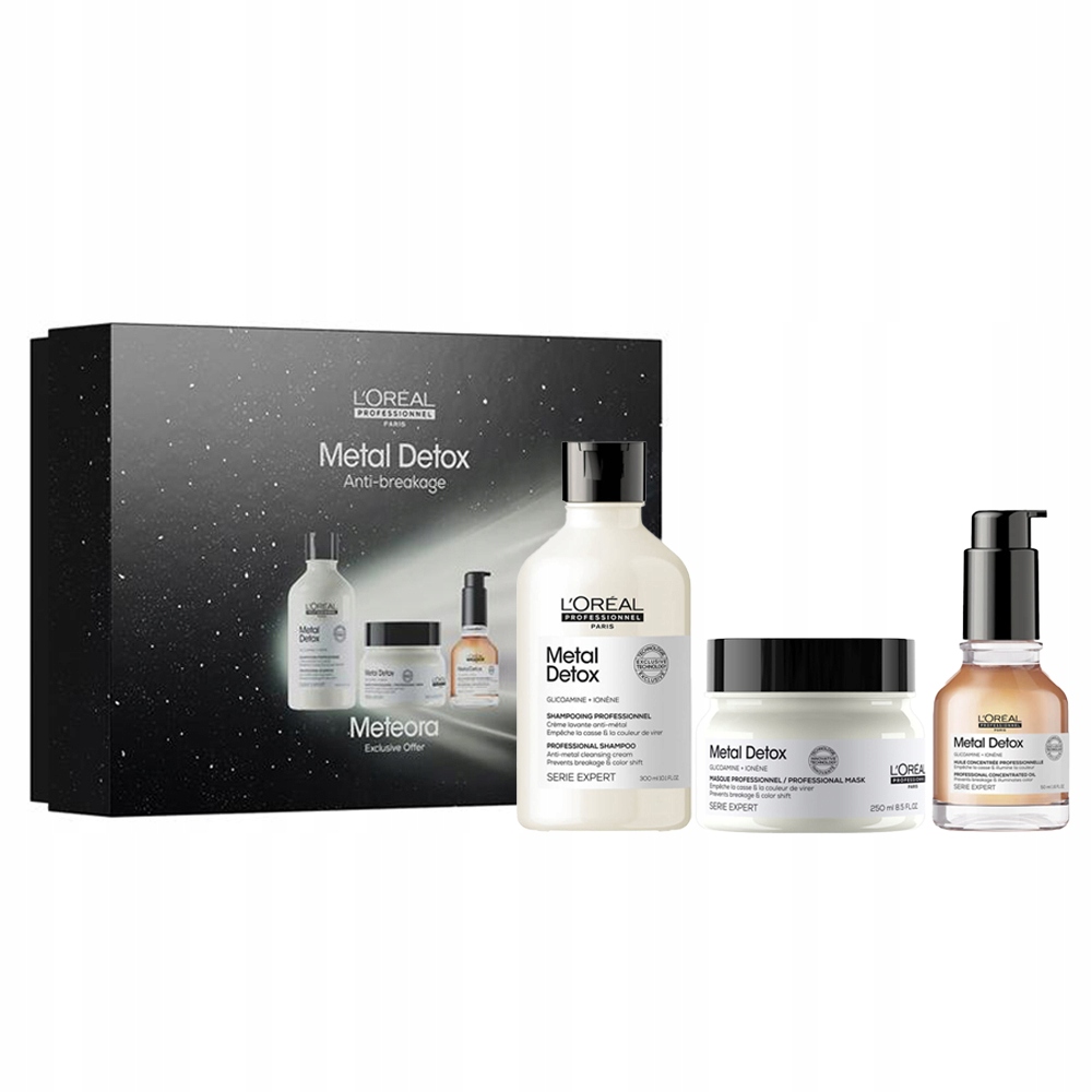 Loreal Meteora Metal Detox sada ochrana barvy vlasů šampon maska olejíček