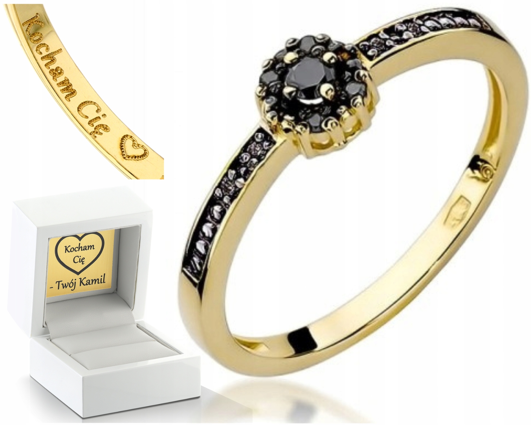 Zlatý Prstýnek Černé Brilianty Gravírování Bonus