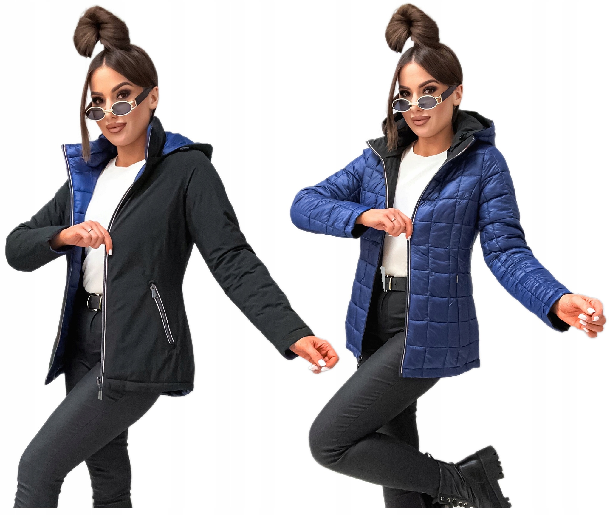 Kurtka wiosenna damska przejsciowa dwustronna z kapturem Czarna 7699 r S