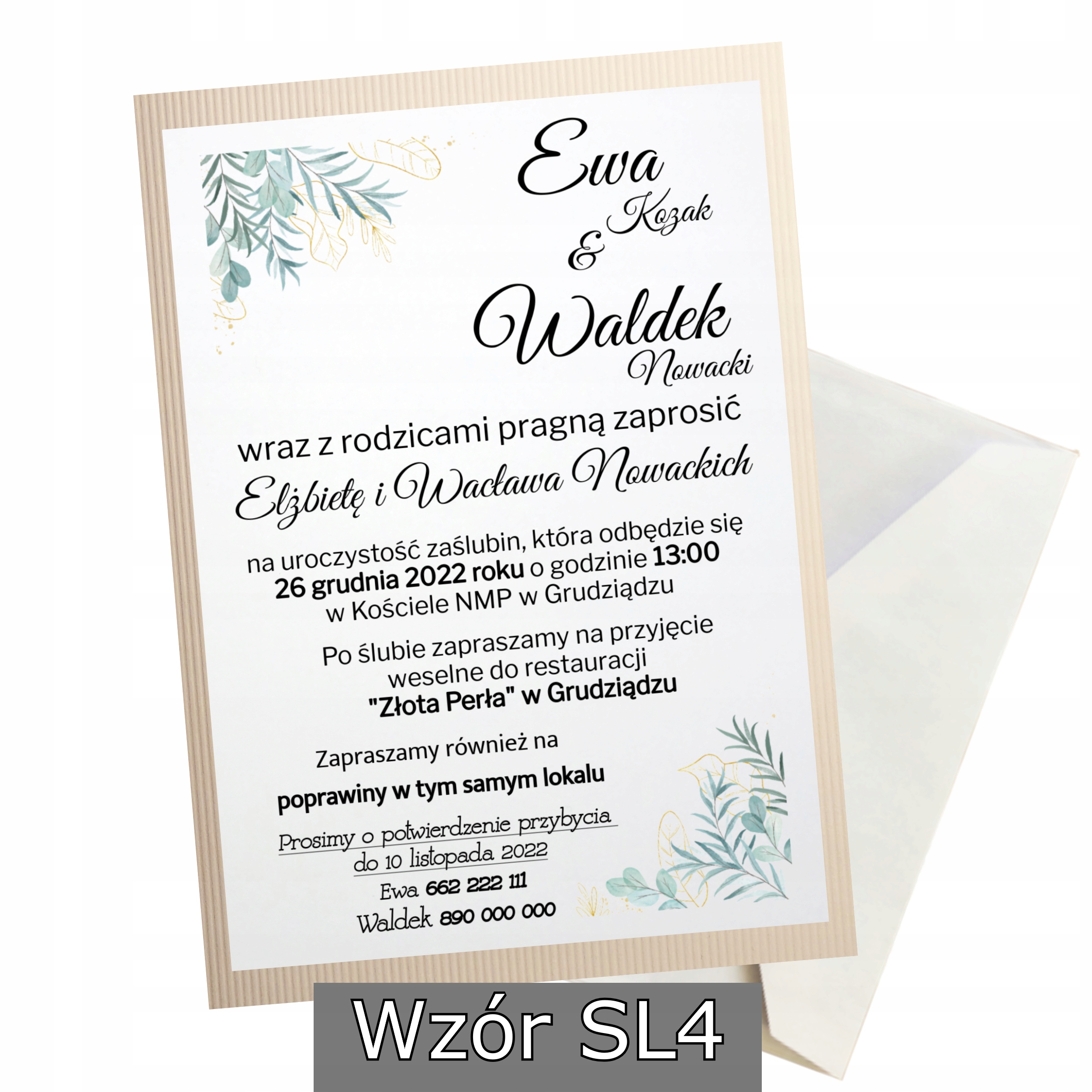 ZAPROSZENIE ŚLUB WESELE + KOPERTA PERSONALIZOWANE Kształt prostokątny