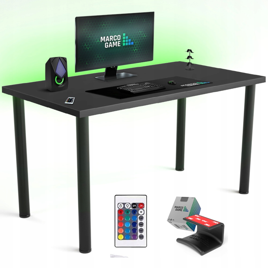 Biurko Gamingowe Gracza MARCO GAME LED Czarne + GRATIS UCHWYT NA SŁUCHAWKI