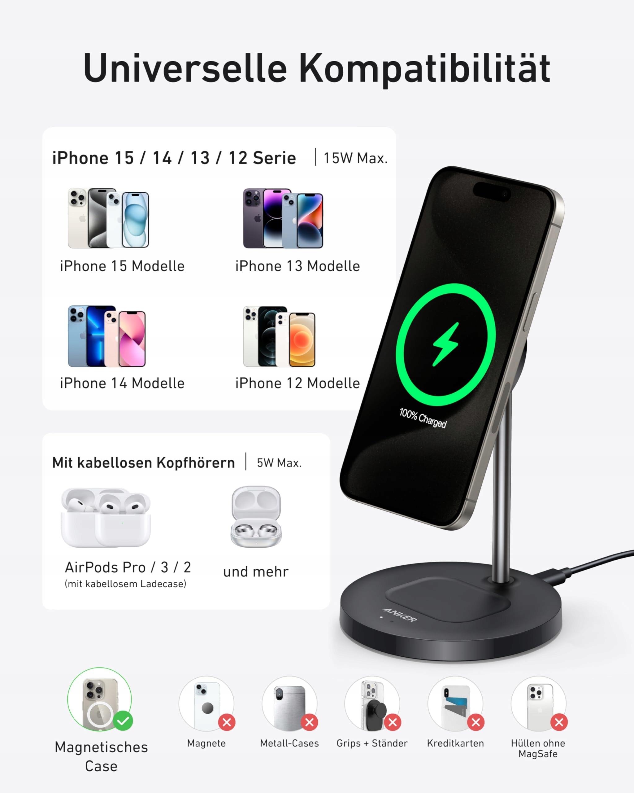 ANKER MagGo 15W Ładowarka Magsafe 2w1 Qi2 iPhone AirPods USB C Kabel — miniatura 6