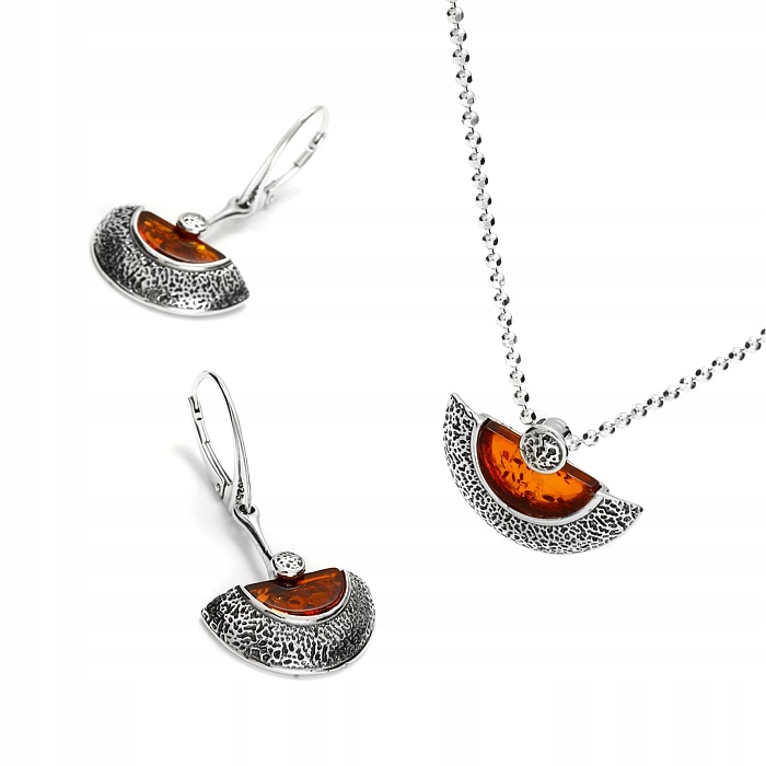 Stříbrný Komplet Jantarových Náušnice Náhrdelník