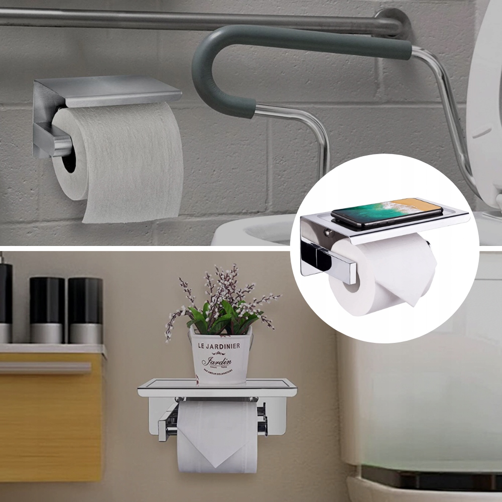 UCHWYT NA PAPIER TOALETOWY Z PÓŁKĄ CHROM LOFT WC Kolor chrom odcienie szarości i srebra