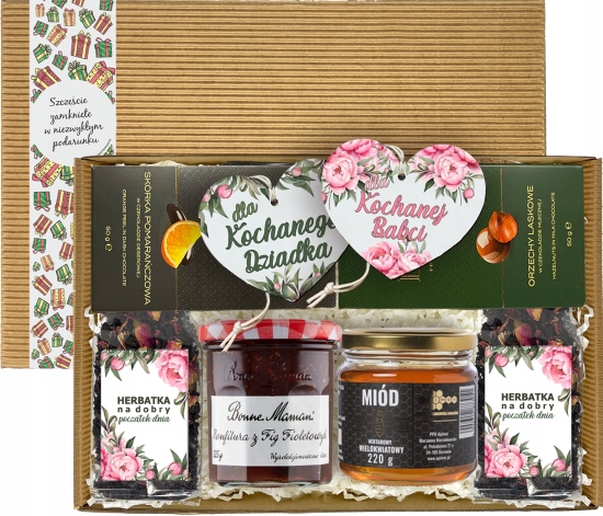 Zestaw prezentowy na Dzień Babci Dziadka herbata miód konfitura box