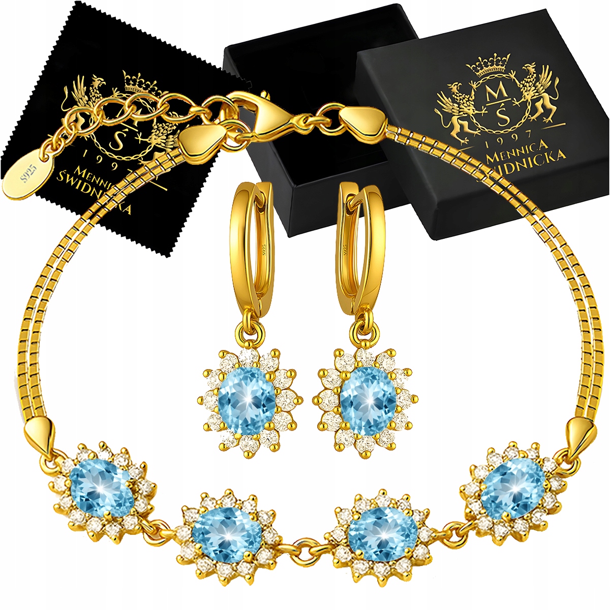 Zlatý komplet šperků Náušnice a stříbrný náramek 925 Pozlacený Gravírování