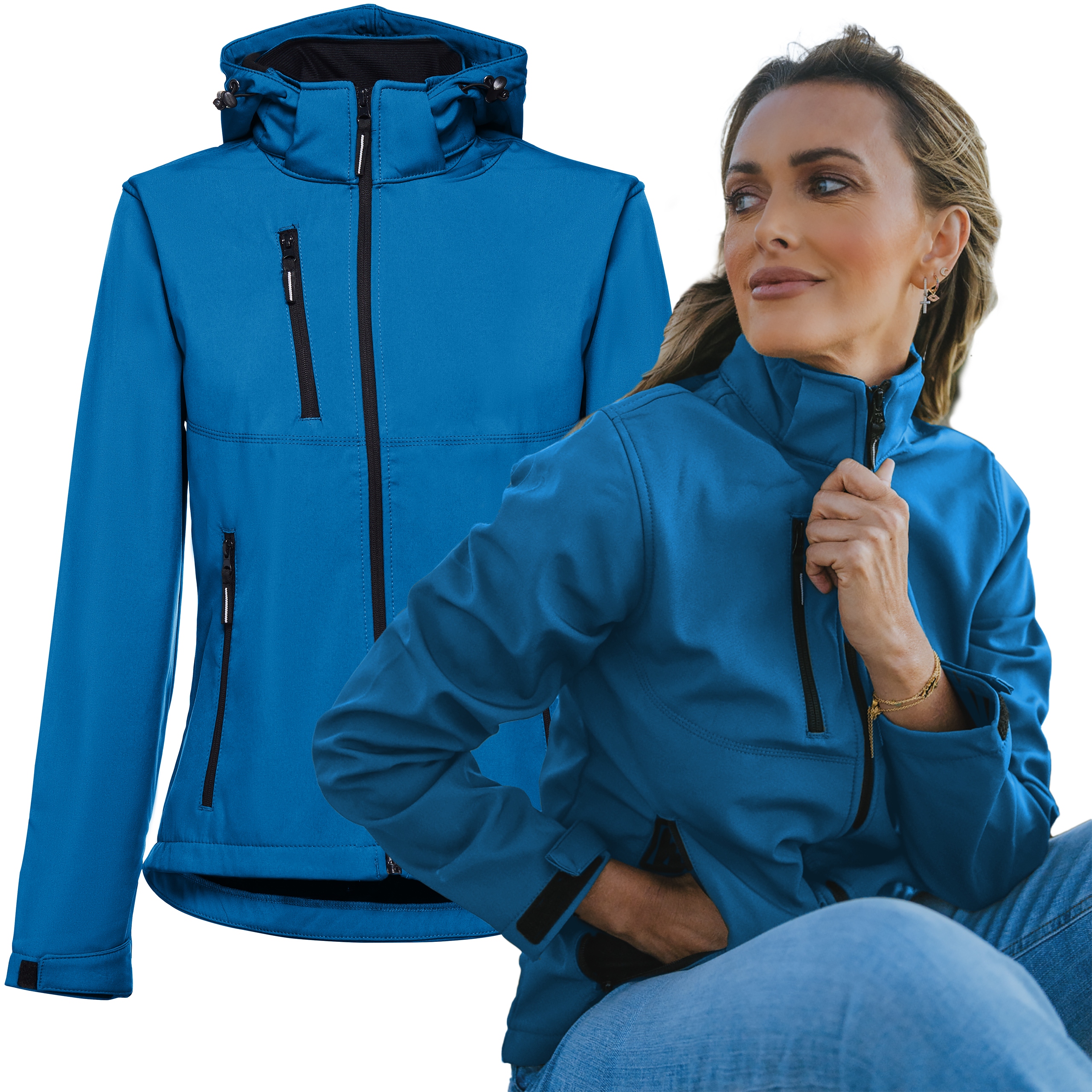 Dámská nepromokavá bunda Softshell s fleecovou kapuce, modrá, velikost M