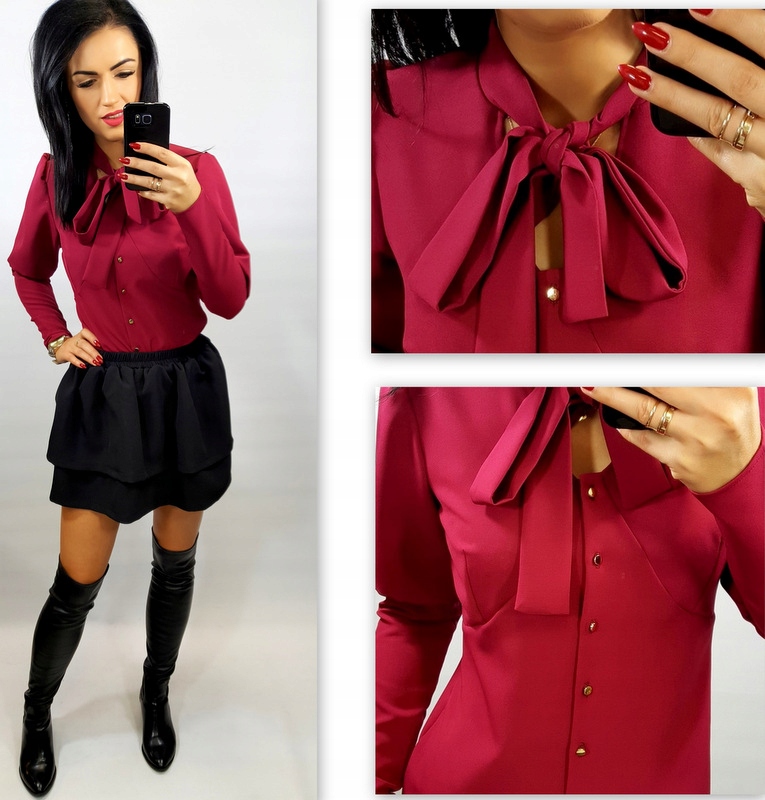 Koszula złote guziki wiązana kokarda bordo ecru S