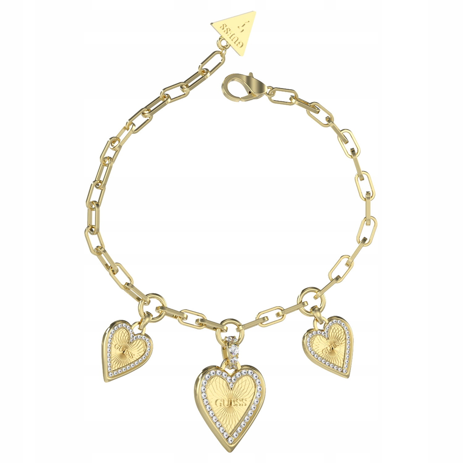 Dámský náramek Guess Tři srdce Zirkony Logo Ocel barva zlatá vel. S