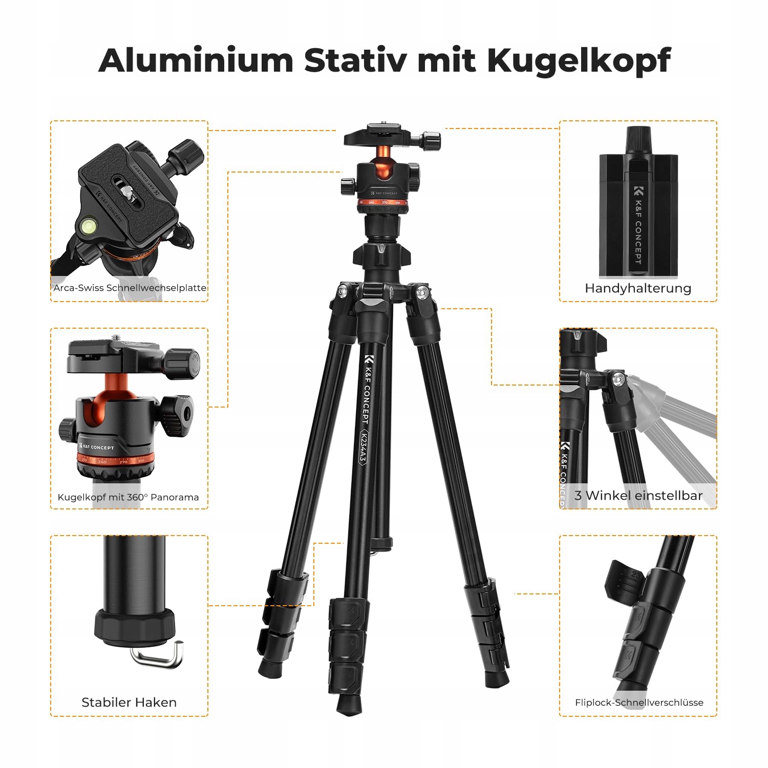 K&F CONCEPT Statyw Aluminiowy 178cm z Uchwyt na Telefon Podróżny Tripod — miniatura 3