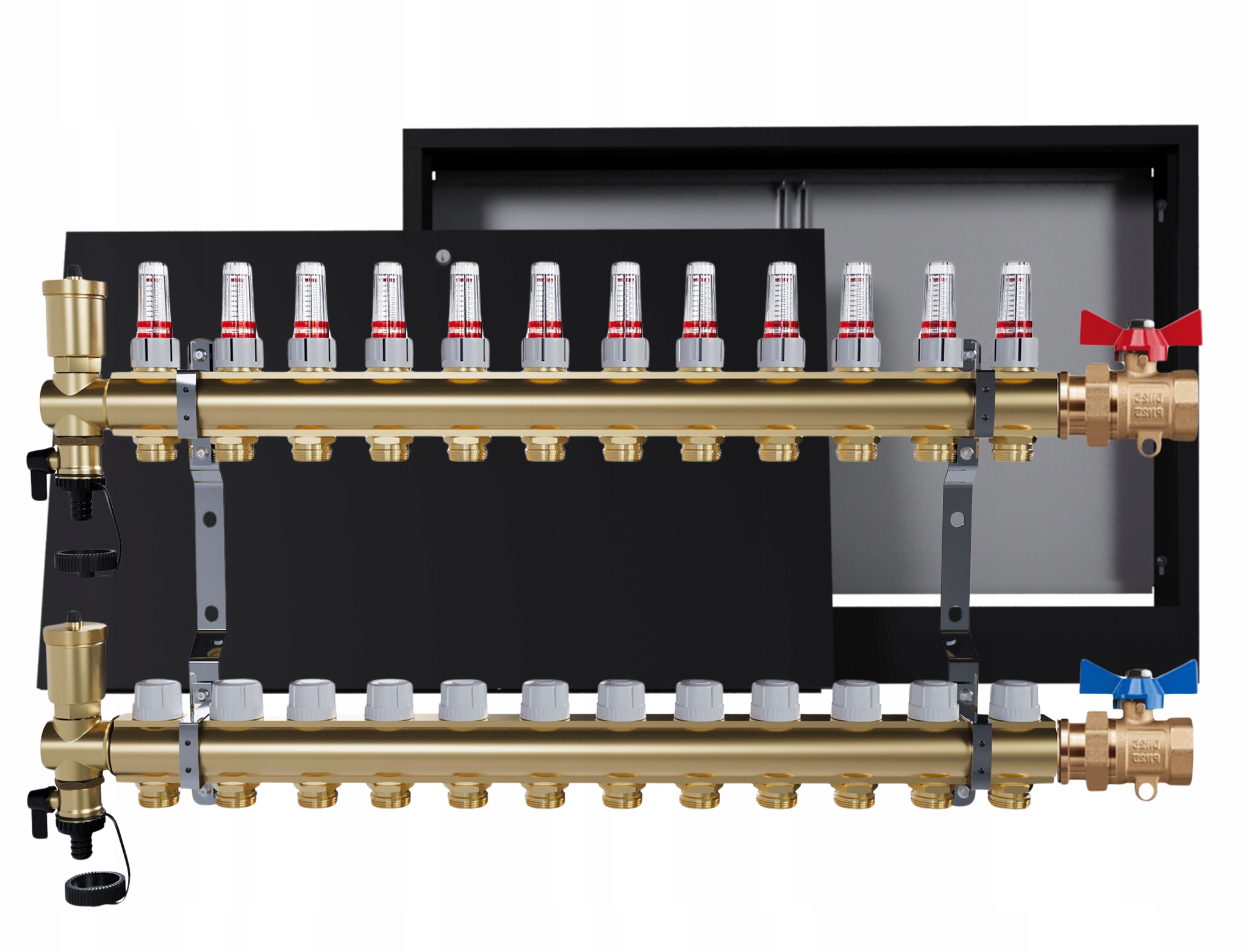 Rozdělovač podlahových krytin mosazný 12 okruhů skříňka černá jednoduchý ventil