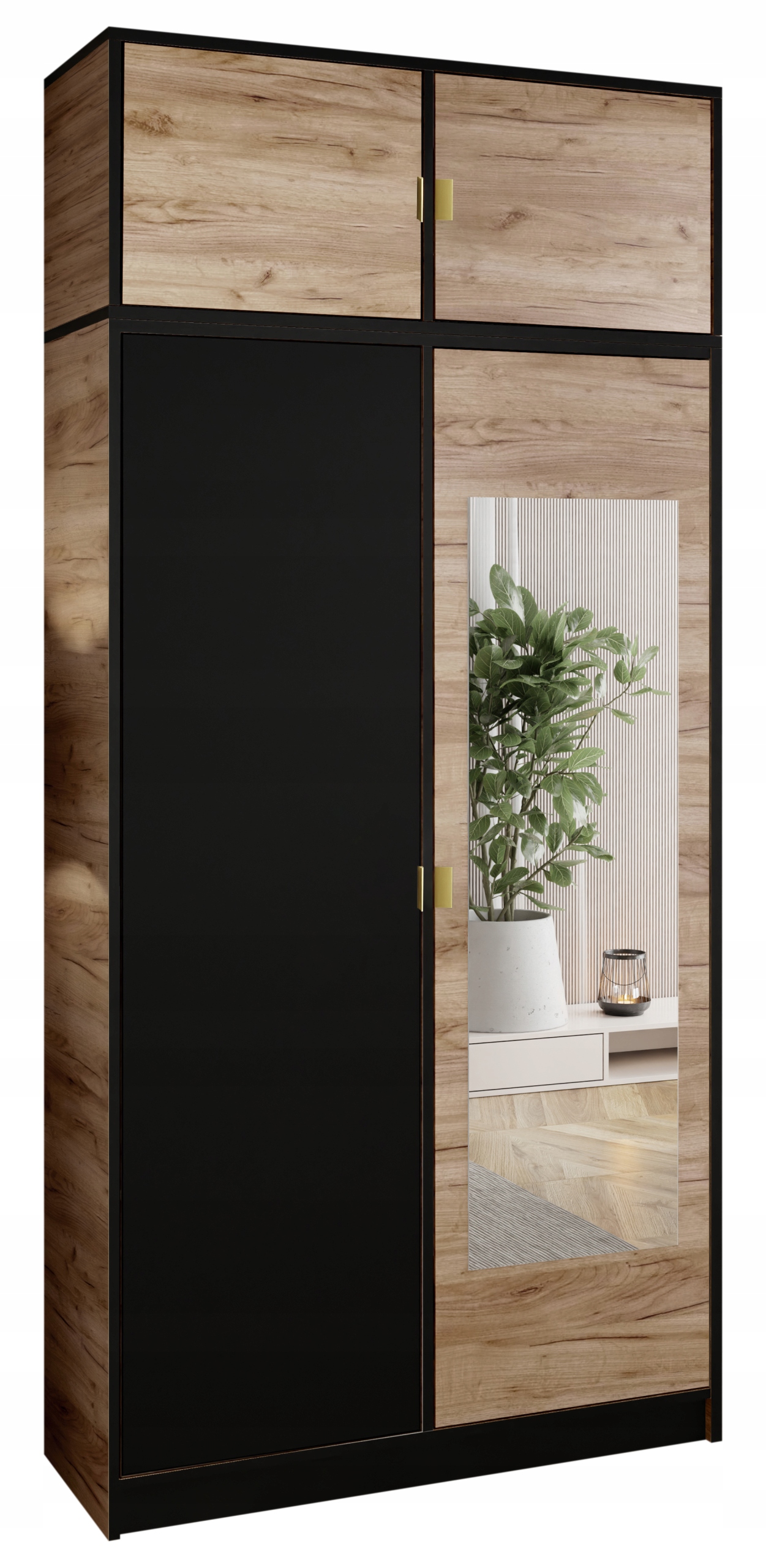 Skříň Lumi 105 2D tmavý dub černá se zrcadlem , zlatá úchytka, vrchní deska
