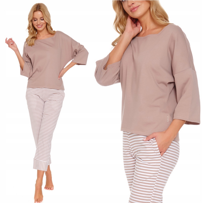 Dámské pyžamo bavlna Doctor Nap béžová elegantní pruhované na 3/4 velikost S