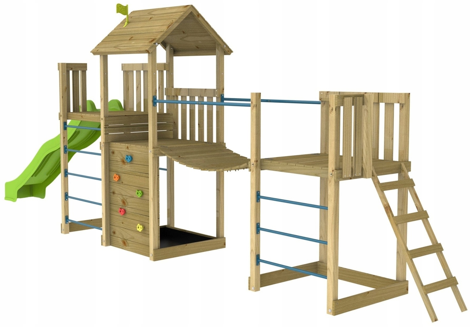 Vaikų lauko žaidimų aikštelė su nameliu su čiuožykla su smėlio dėže su laipiojimo zona TP Toys 270 cm