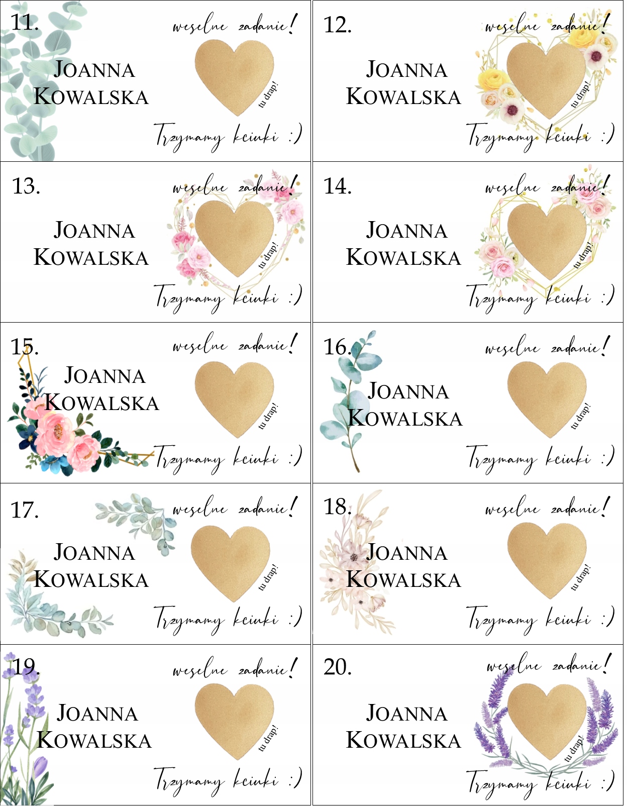 Zdrapka winietka z zadaniem dla gości weselnych Wykończenie papieru matowe