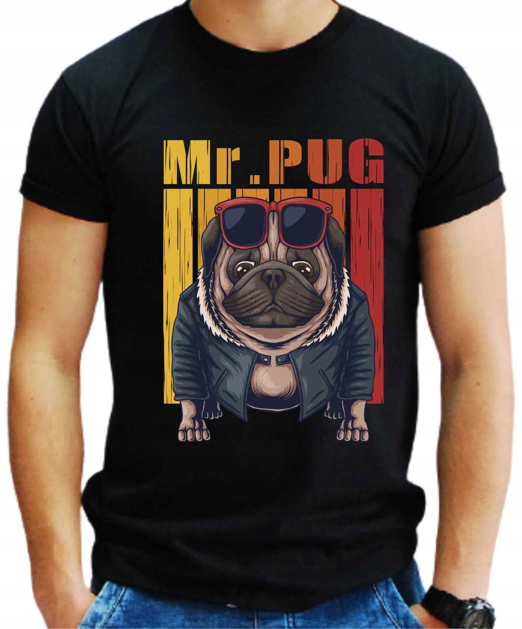 

T-shirt męski czarny bawełniany Mops Pug XXL