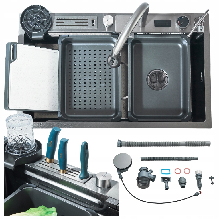Kuchynský drez s funkciou umývania pohárov a odkvapkávačom a displejom Sada