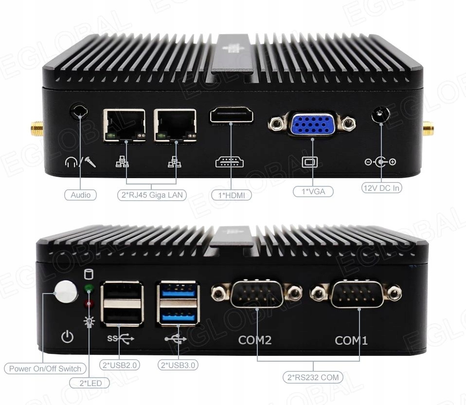 Priemyselný mini PC Intel WiFi HDMI VGA 2xRJ45 RS