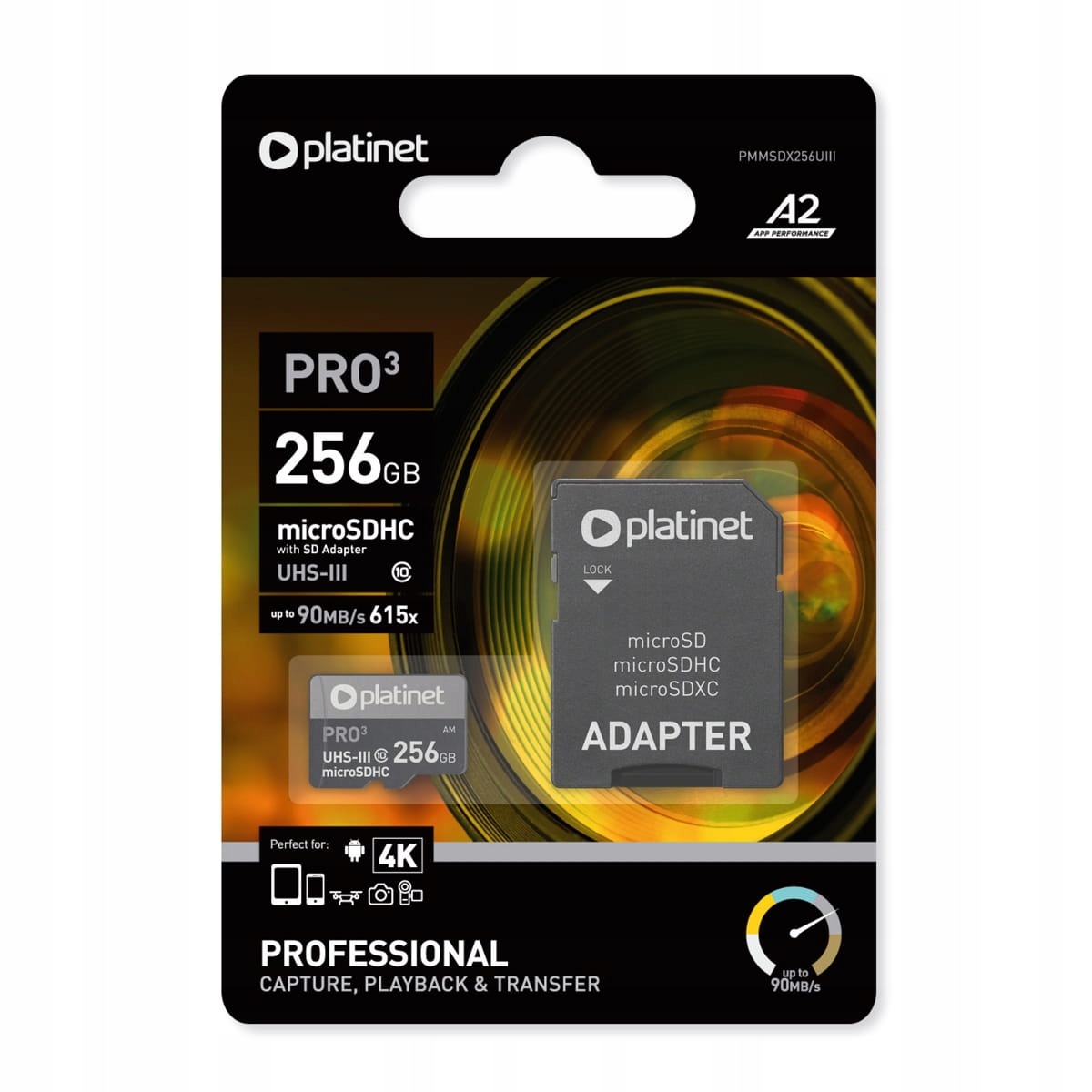 Paměťová karta microSDXC s Sd adaptérem 256 Gb, třída 10, U3, A2, rychlost 90 MB/s
