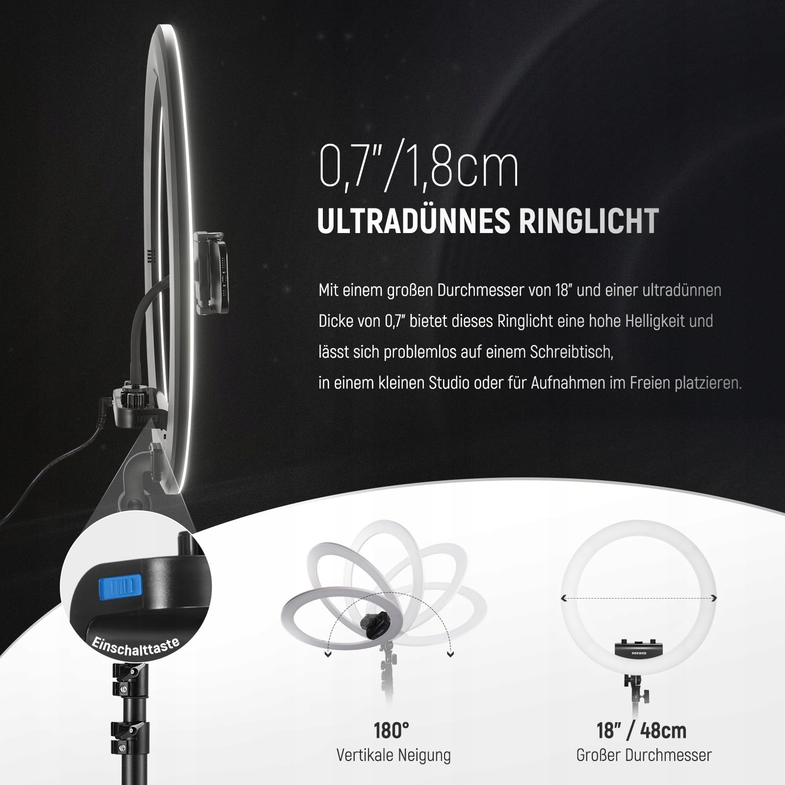 NEEWER Profesjonalne Ring Light 18 Cal 45W Stojak Uchwyt Telefonu Aplikacja — miniatura 2