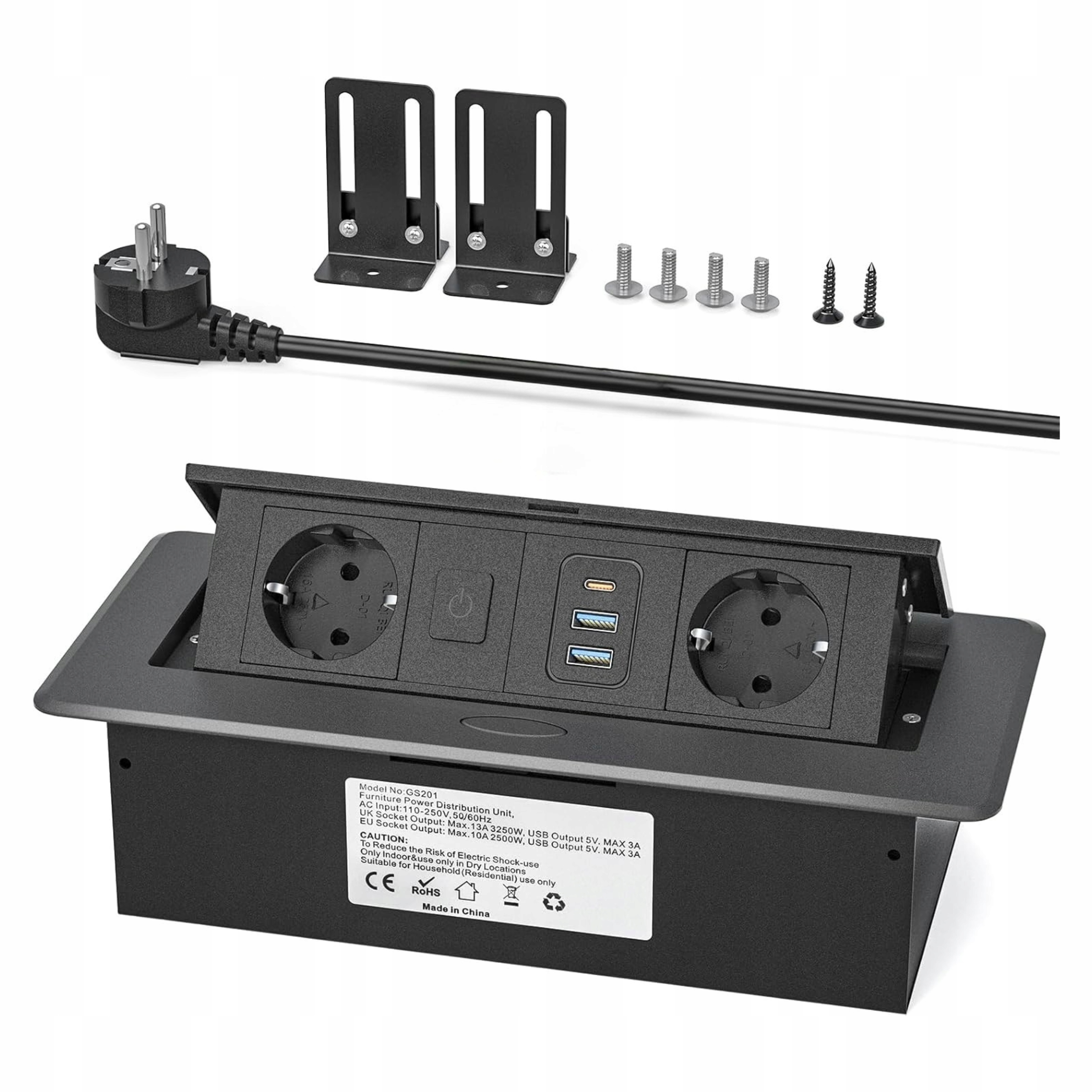 Hliníková zapuštěná zásuvka s Usb-c PD20W 2x Usb-a, 2x Ac, černá 2500W