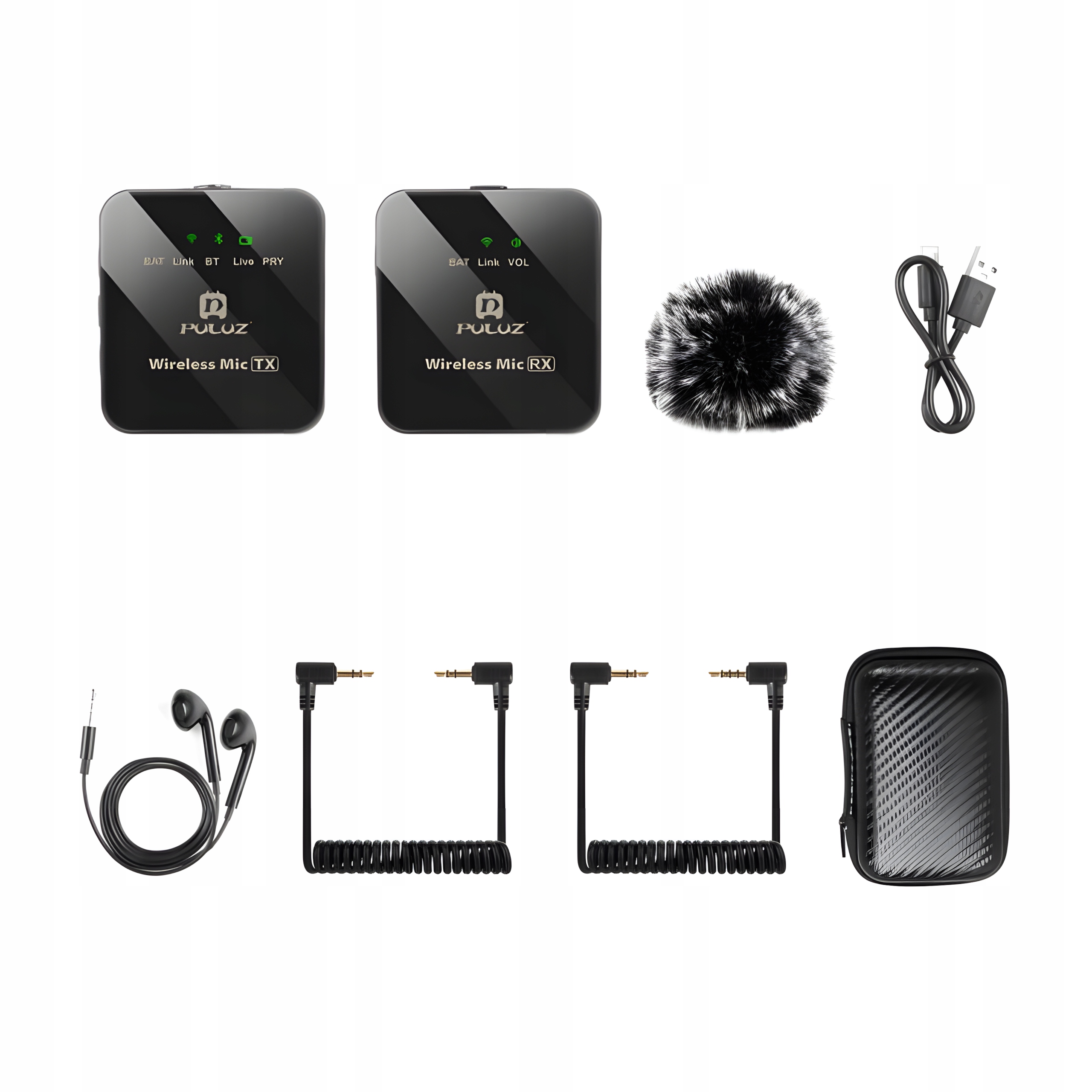 Puluz Bezdrátový přenosný kravatový mikrofon 1 Tx+ 1 Rx 2,4 GHz 300 Mah