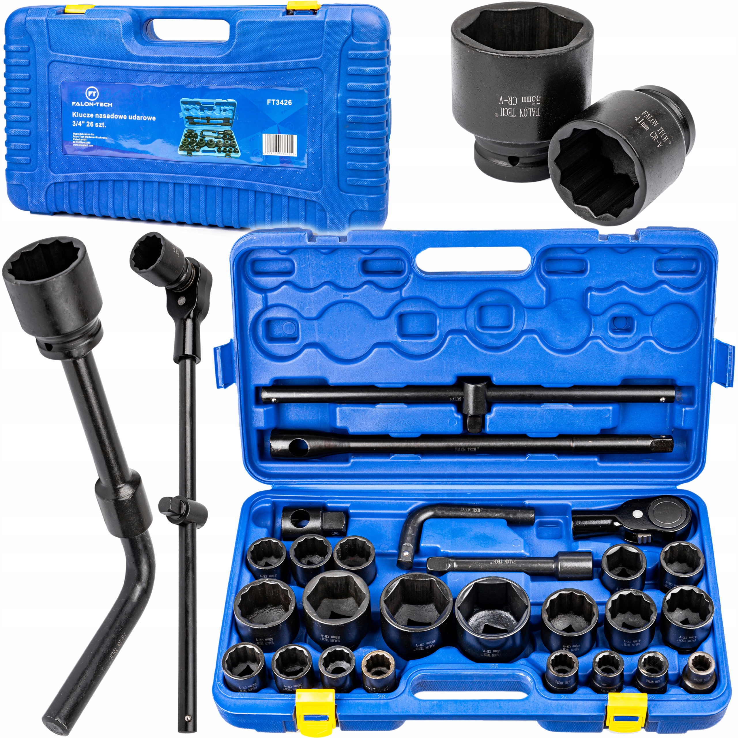 Zestaw narzędzi Falon-Tech klucze nasadowe udarowe 26 el. 3/4'' 1'' Cr-V