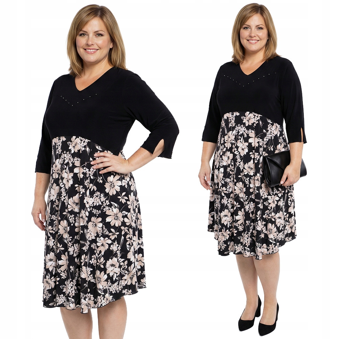 Černá šaty s béžovými květy a velikostí velikost 60/62