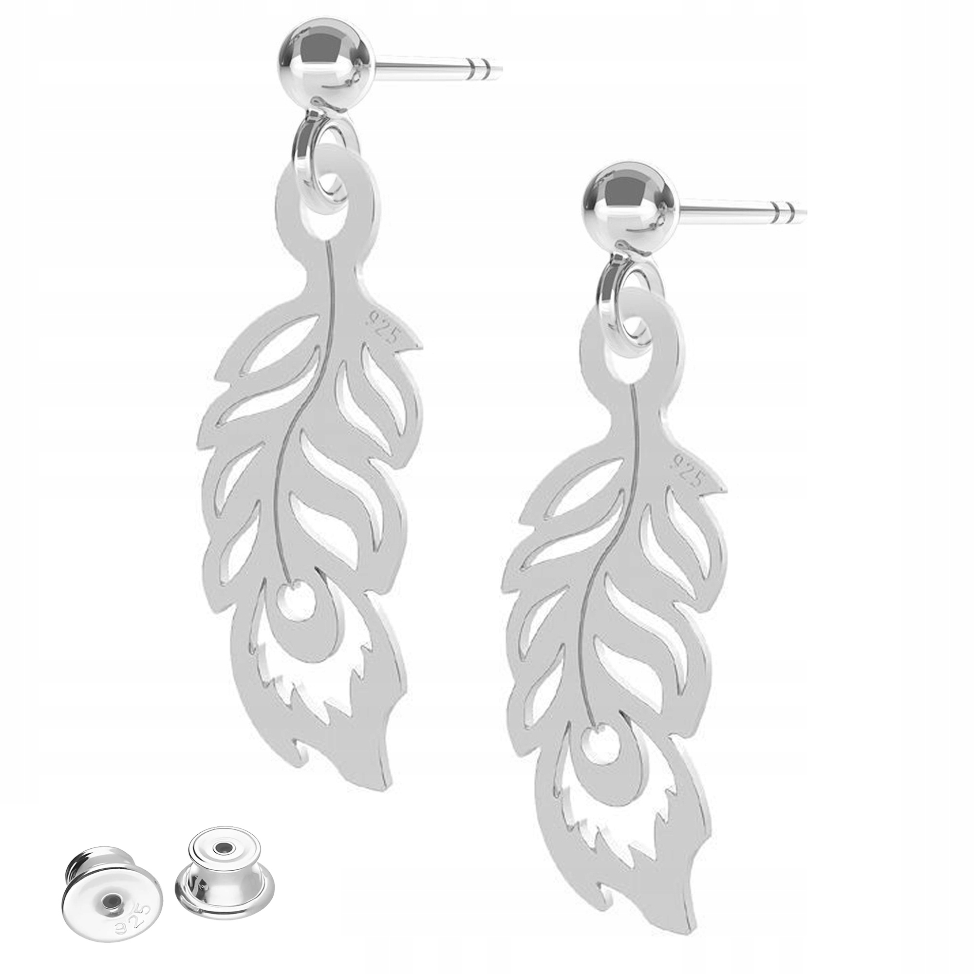 Stříbrné Náušnice Ozdobná peříčka Páv Plechy s peřím Stříbro 925