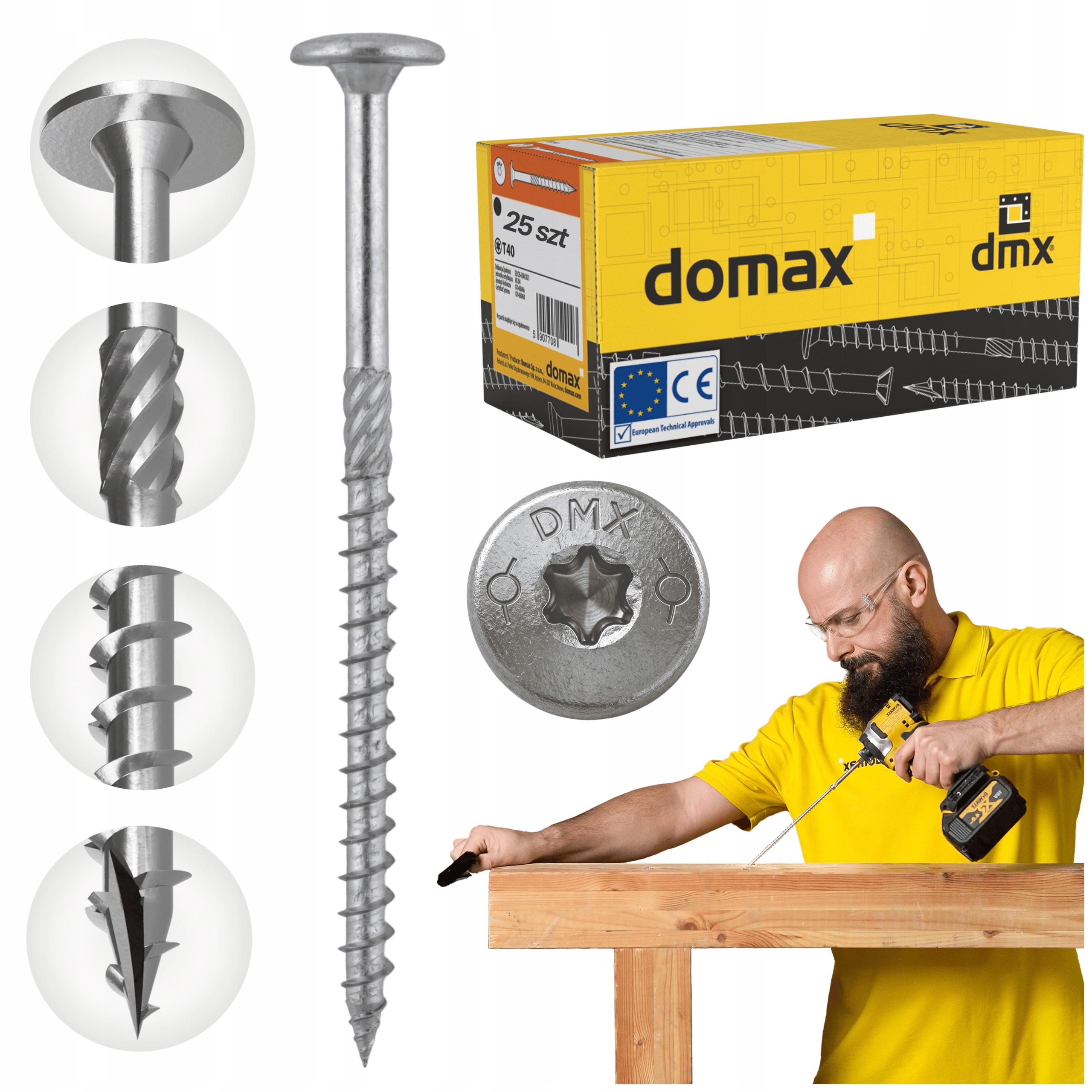 Tesařské Vruty 10x360 Talířové Torx 25 ks Do Dřeva Domax Ct Stříbrné