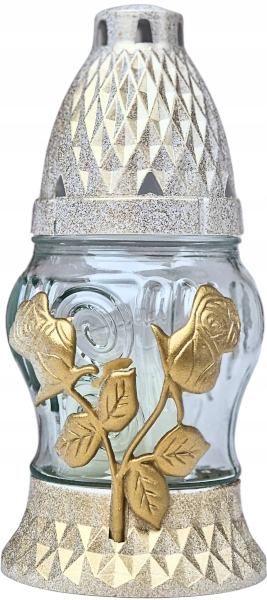 ZNICZ SZKLANY LAMPION LA 11 K APLIKACJA RÓŻA biało złota wysokość 14cm