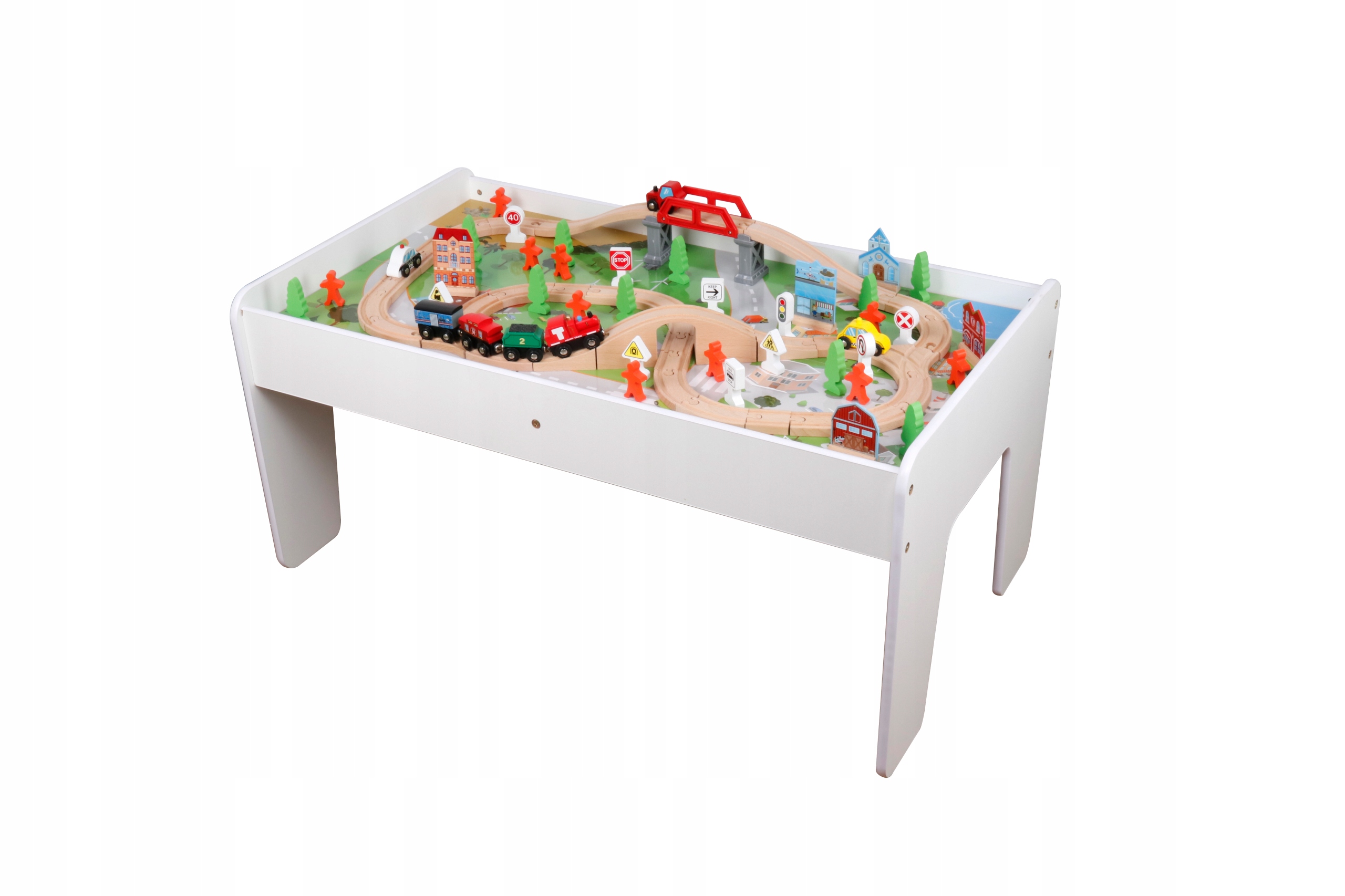 KOLEJKA DREWNIANA POCIĄG Z WAGONAMI + MIASTO I STÓŁ DO ZABAWY 90 elementów Stan opakowania oryginalne
