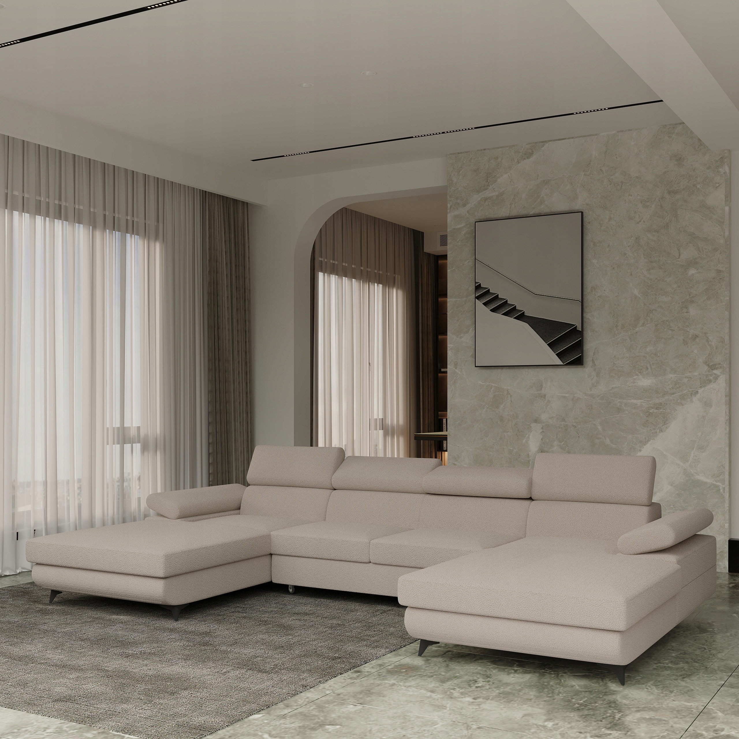 Rohová Sedací Souprava Detti Funkce spaní Glamour Boucle Beránek Béžová