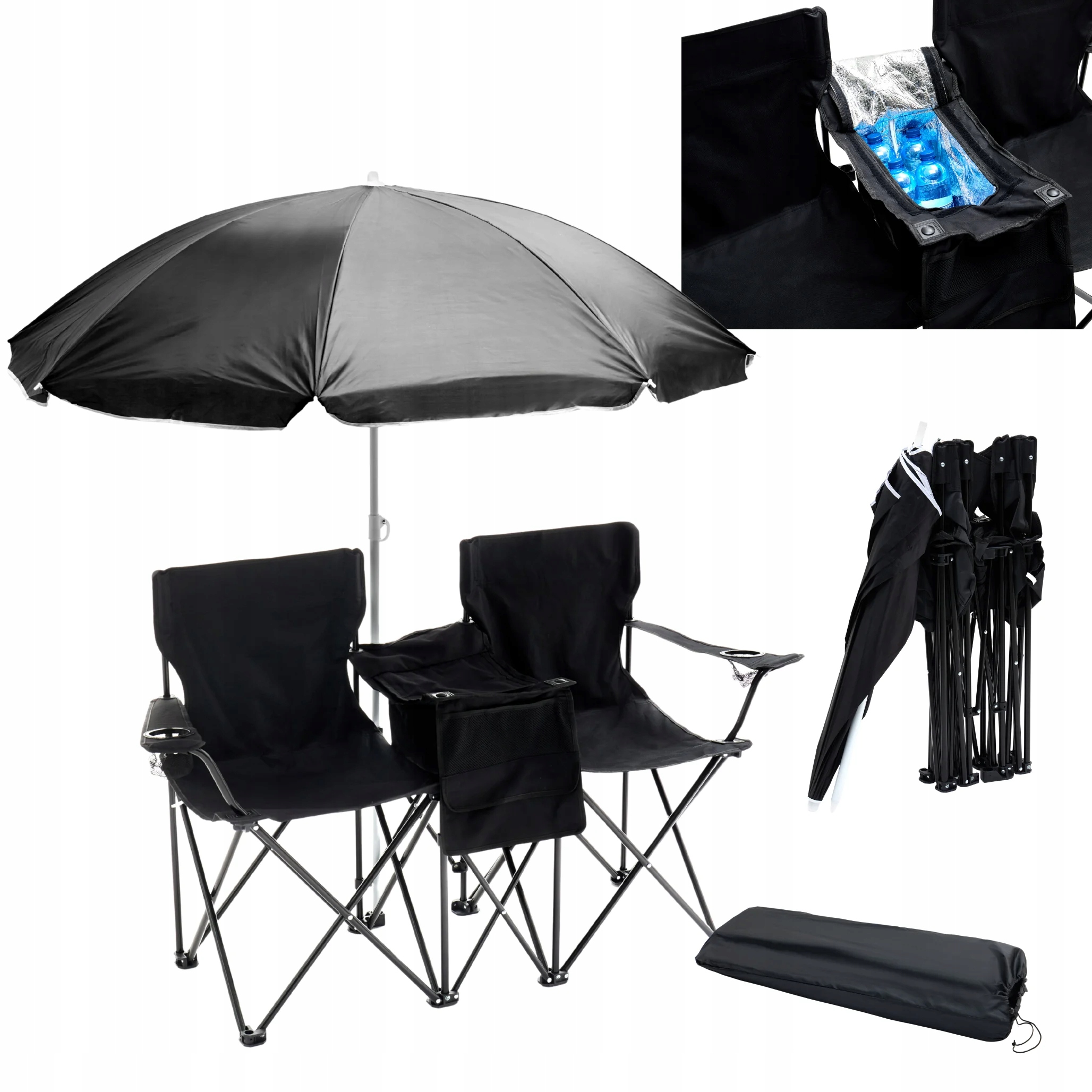 Krzesło podwójne z parasolem składane 150x51x85 cm zestaw turystyczny