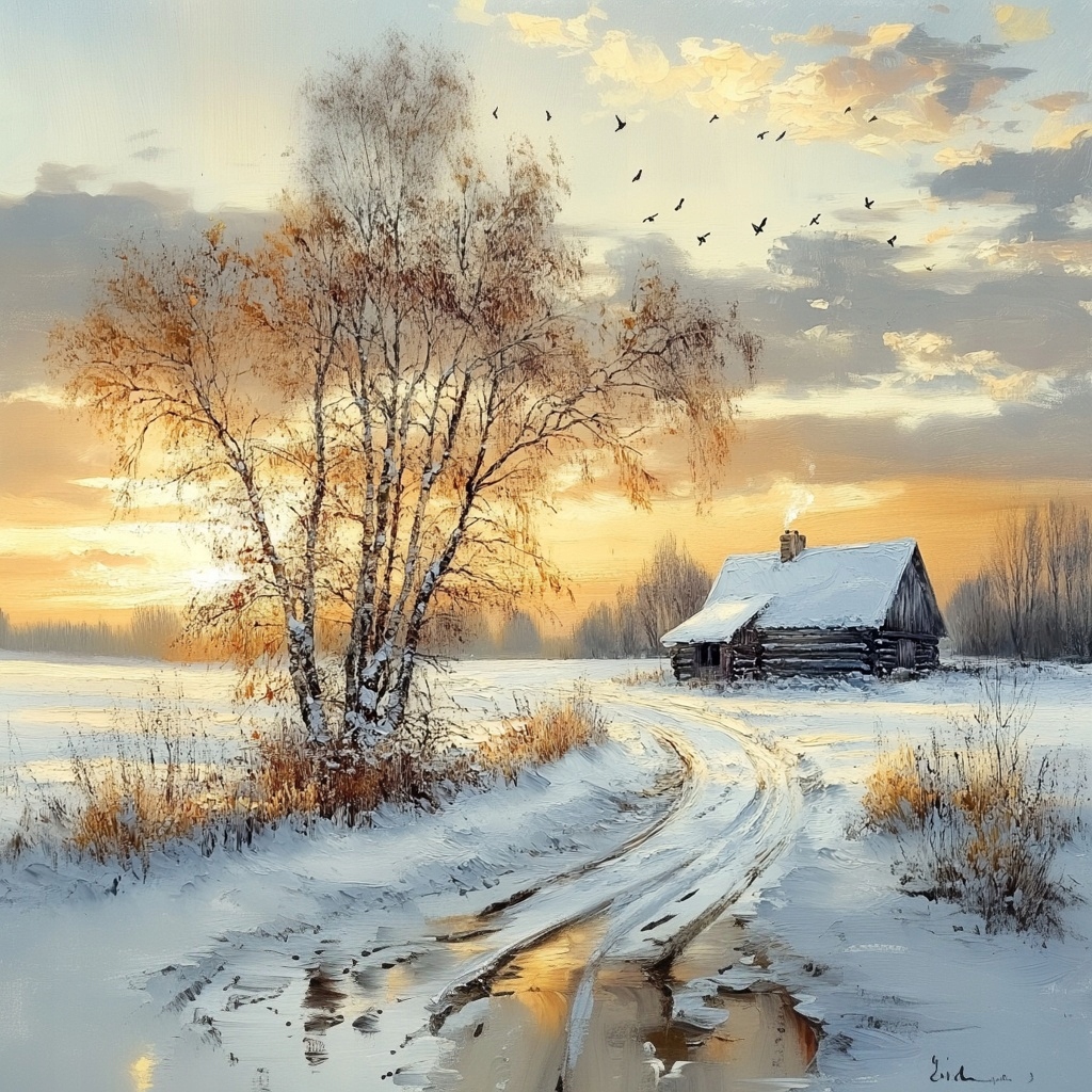 Obraz Na Plátně Canvas Krajina Zima Bříza Sníh Slunce 80x80